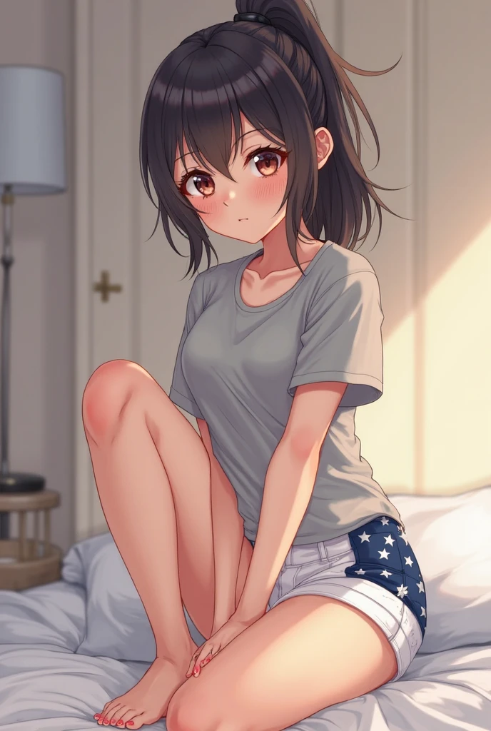 Sexy and cute girl, short bob hairstyle, seductive gaze, blushing intensely, parted lips, desperate, flustered, lustful, off shoulder orange t shirt, bare shoulder, lying on bed