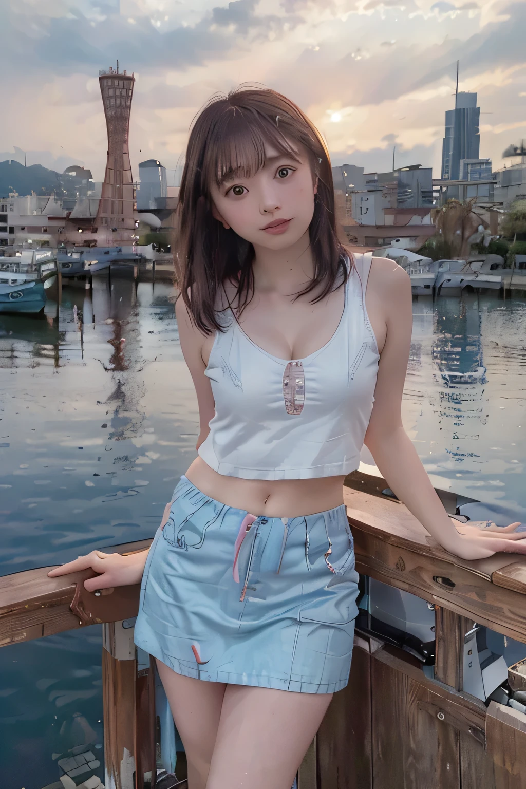 8k, raw photo, best quality, hires, realistic, photorealistic, extremely detailed 8k wallpaper, beautifully detailed eyes, finely detailed face,
 BREAK 
rim lighting to hip, bokeh,
 BREAK 
perfectly anatomically correct:1.2,
5 beautiful thin fingers:1.2,
 BREAK 
(vertical porttower arches elegantly the scene:1.2), kaiyomuseum,
porttower's illumination is soft lights, vivid reflection on the rippling surface of the harbour below,
(the summer sky with cumulonimbus-clouds above is painted in subtle gradients of dusky blue and orange:1.2),
as the gentle interplay of light on water creates a mesmerizing dance of colors,
[the tranquility of a cityscape during twilight],
a series of stainless deck on the left side line are adding depth to the foreground the water's edge,
the scene exudes a calm and reflectives mood,
 BREAK 
1 female,
short tight skirt:1.2, fabric straining tightly over gentle plump curves,
tight elastic belt emphasizing a defined silhouette,
sheer fabric polo shirt,
looking back viewer,
kawaii, cute anime face, short bob cut,
symmetrical face line, stereoscopic projection of face,
symmetrical clear eyes, [chocolate color eyes with sparkling highlights],
wide-set eyes, tareme, [[gentle narrow eyes, moderate eye bags, double eyelids, reverse banana-shaped round eyes]],
small round face, [blush, embarrassed, healthy skin color], [[rounded jaw, heavy lips, small nose, [oval-shaped face, chiseled face]]],
curvy hip silhouette with ideal ellipse shape:1.0, softly rounded lower flesh:1.0,
[brushing flowing hair],
 BREAK 
dynamic low-angle shot from below:1.1,
(matching lighting with scenery, warm ambient highlights on curves, seamless integration with waterfront ambiance),
framing plump lower curves with focus on softly rounded flesh:0.8, strong glistening on lower curves:0.8, deep gentle shadows under curves:0.8,
soft skin texture, soft contrast, soft saturation,