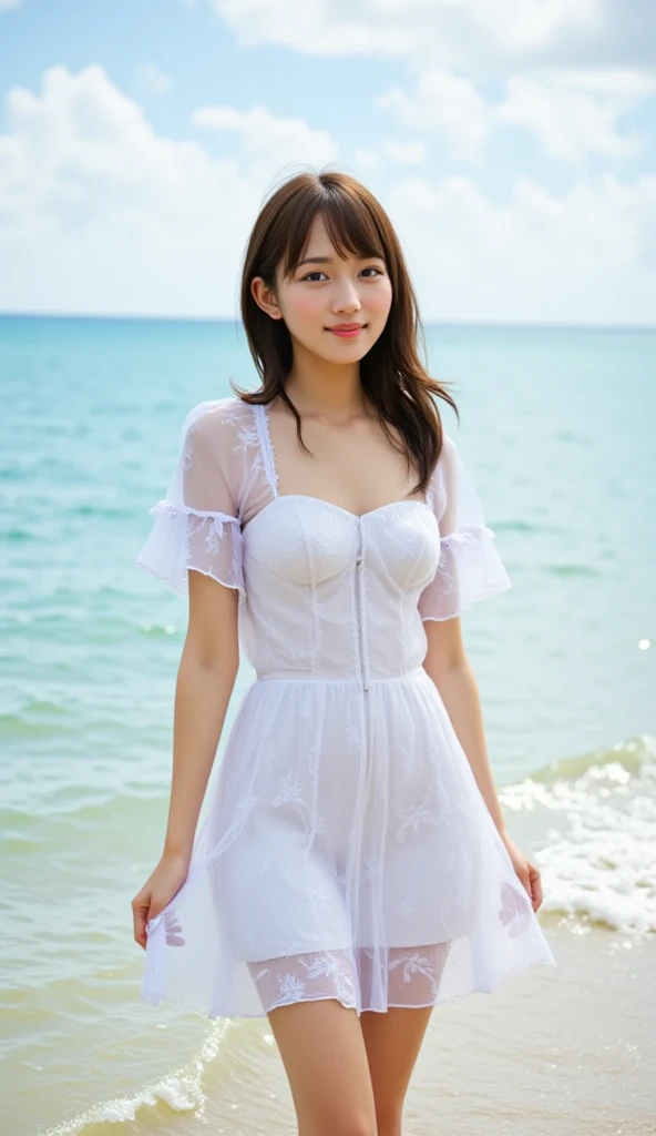 (((High resolution))、8K、(In detail))、(Highest quality)、Beautiful girls、A beautiful girl with white wings growing on her back、笑顔のCute beautiful girl、Very attractive beautiful girl、(White Bikini)、blue sky、In the cobalt blue sea,(((Your smile is cute,)))、((12-year-old girl:1.5))、Super cute lolita idol、(((Beautiful girl in a revealing white dress, Transparent muscle)))、(Slender body and beautiful breasts)、((Well-formed and elegant face:1.5))、(((I can see my belly button)))、(Big Breasts: 1.5)、tits、Little dress、Cute beautiful girl、(((A dress with a random and complex shape that exposes a lot of the bust:1.5)))、Very beautiful beautiful girl、A young and innocent beautiful girl、Big Breastsを強調してる、The thighs are visible to the base、Doing the splits、sit、(The dress has a deep slit:1.5)、White panties: 1.5 、reflected in water