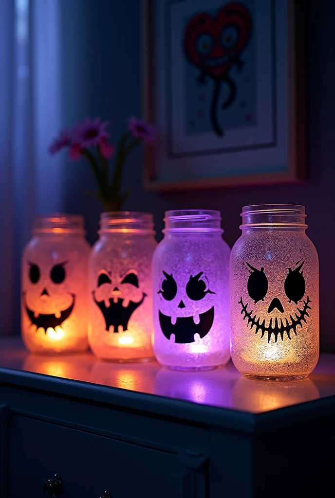 A collection of mason jars painted with spooky faces, illuminated with tea lights inside, glowing warmly in the dark. The jars are arranged on a rustic wooden porch, casting eerie shadows.