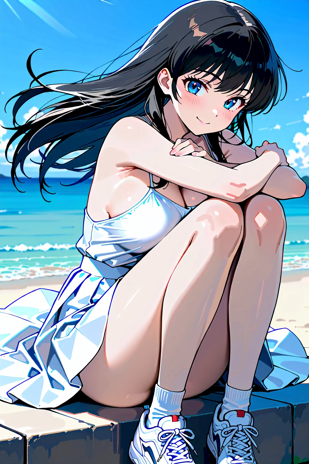 A cute blue bra that is visible through a long white dress shirt、She holds her skirt in her mouth and shows off her cute blue underwear、Bare feet and sandals、Standing posture、Sandy beach, sea, cumulonimbus clouds and blue sky