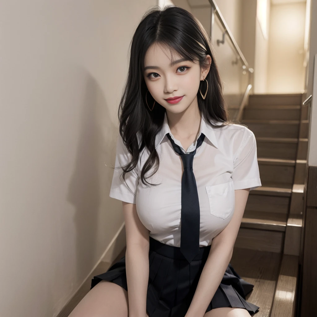 (8k), (highest quality: 1.2), (Realistic), (Realistic: 1.37), Ultra-high resolution, (1 girl, cute, smile, Mouth closed, Thick lips,Red lips,Beautiful details, Beautiful Nose, (Straight black hair), Giant Dulcefo, Self Snap,(school uniform),White shirt,Navy blue tie,Pleated skirt,(Knee-high socks),Night in the City,Face close-up,(Shiny thighs:1.2)