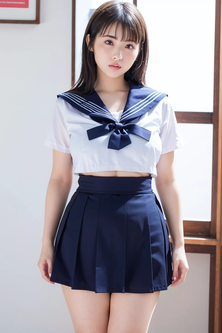 (masterpiece, Highest quality:1.2), 8K, Young and beautiful girl, 85mm,Official AR RAW Photos, Baby Face、Big in clothes 、Show me your ears、photo shoot, Cute face, Thighs, Classroom after school, Observe the audience, Embarrassing、smile、 makeup, Film Grain, chromatic aberration, Sharp focus, Face Light, Bright lighting, 10 generations, Detailed face, Background blur、((((((16-year-old high school girl))))))、Tight waist、Sailor suit、Navy blue mini skirt、Lift up your skirt with one hand'hand、White tiny panties、Wet、Spread your legs、((White panties))、((White panties))、((White panties))