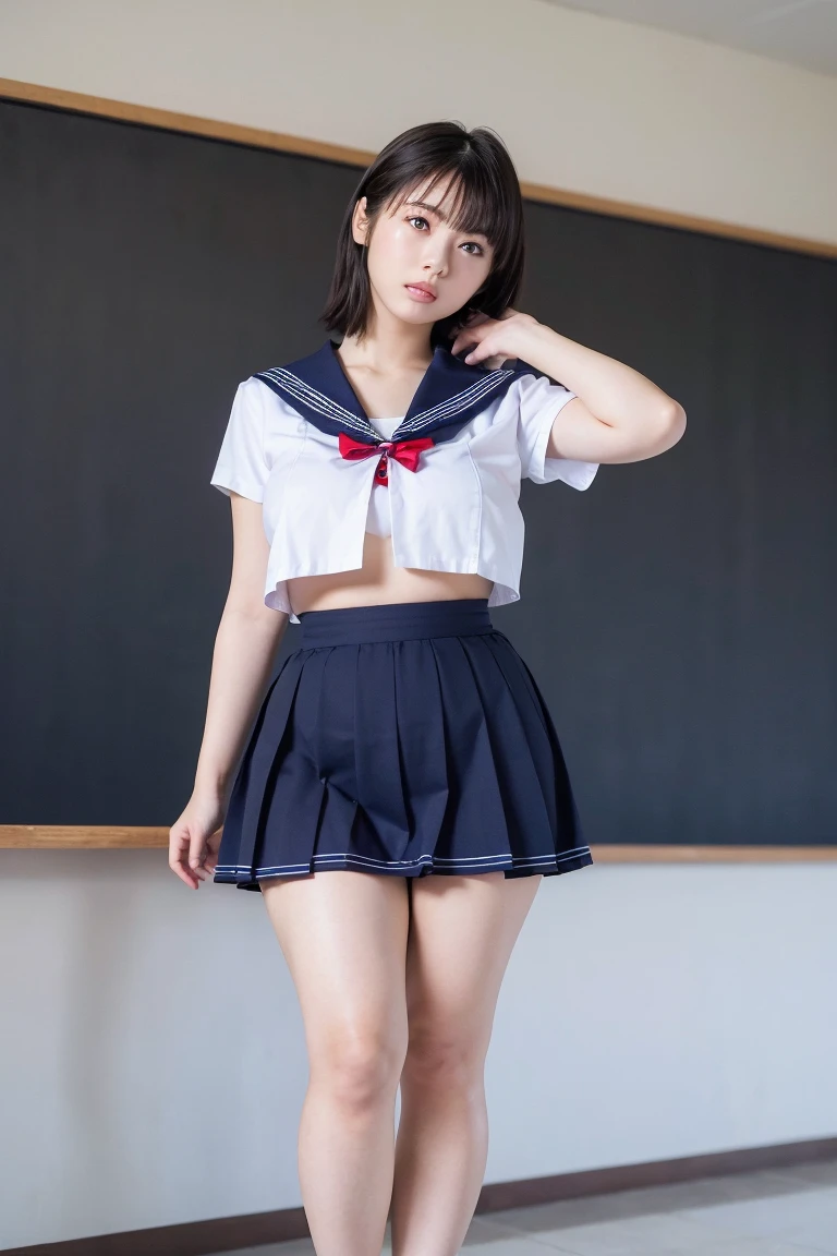 Masterpiece、Highest quality、Female body diagram、Super detailed、nsfw、View from directly below the woman、Long legs Japanese 、skirt、skirt lift、skirtを自分でリフト、vagina、Pussy、clitoris、Female organ Soft thighs、Large Breasts、Beautiful Belly、under boob sailor uniform、Underboob、My chest is sticking out ceiling