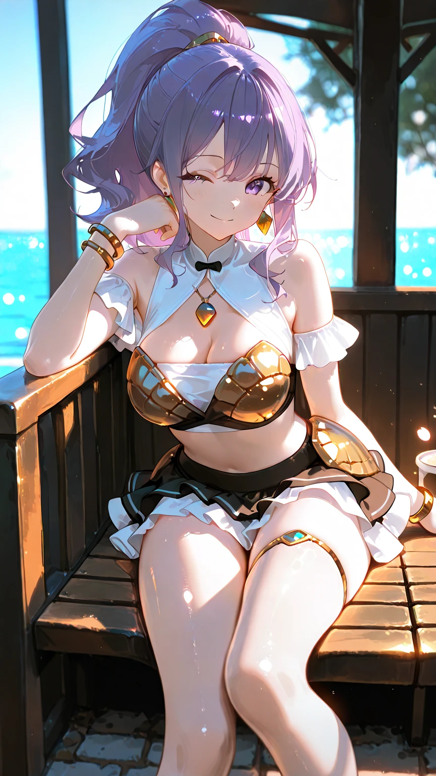1 girl, game CG, sleeveless frilled black string bikini, cleavage visible, navel visible, maid's hair accessory, maid's small apron, gigantic breasts, pink hair, long hair, low twintails, princess hairstyle, ahoge, pink eyes, sea, sandy beach, tree, cafe, tray, surprise,