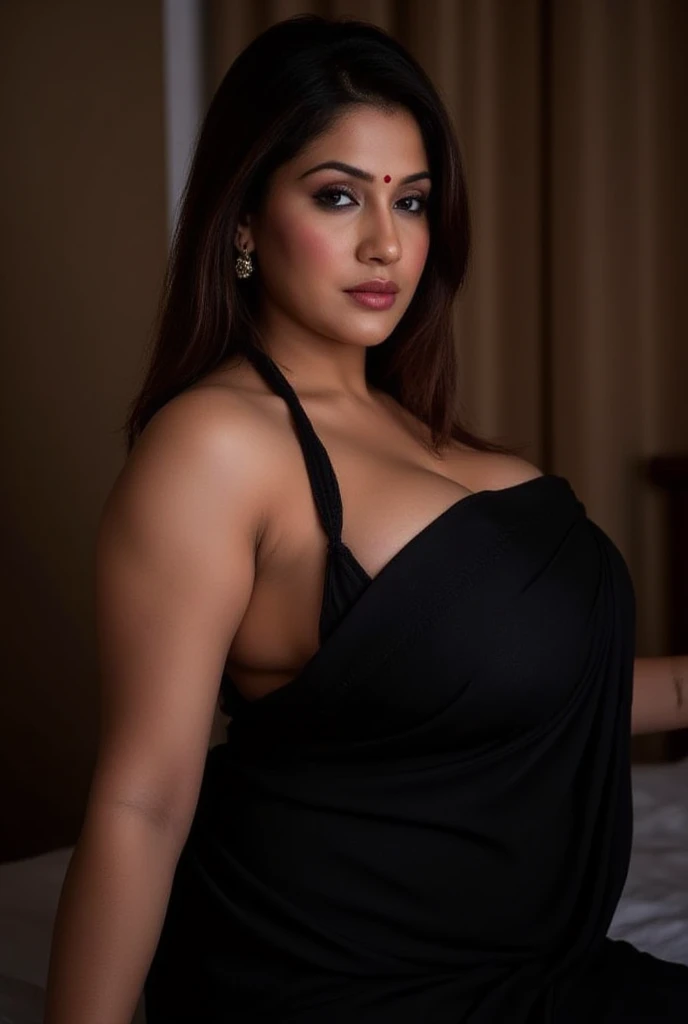 Night scene, forest background, night sky with red moon, stars, romantic and seductive, moonlight, wide angle photo of a Indian, vivacious, heavily tattooed, seductive pose, beautiful legs, mature body, thick thighs, realistic body parts, cheeks, curvy, big breasts, Hollywood lips, saree, accessories, earrings, necklace, erotic face, 30 yo, long black and red hair, look at viewer and smile, pleasant mood, calm color palette, unified 16k wallpaper, ultra realistic, intricate details, masterpiece, (cinematic:1.3), intricate details, (ArtStation:1.2)