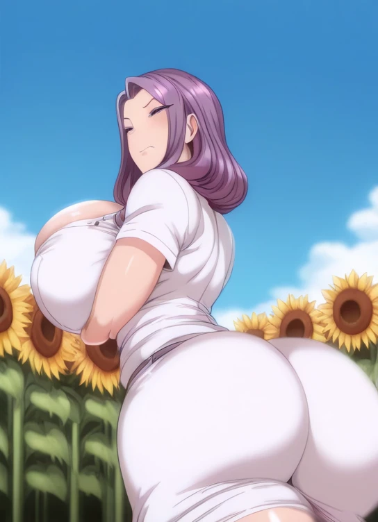 (masterpiece, best quality), intricate details 1girl, sivir, circlet, white scarf, bandeau, gauntlets, pelvic curtain, thighhighs, boots, bottomheavy, gigantic ass, hyper thighs,masterpiece, absurdres , (intricate details), (colorful),cinematic lighting,extremely detailed CG unity 8k wallpaper ,hinata\(boruto\), 1girl, solo, purple hoodie ,brown pants, from behind,layered sleeves, cowboy shot, looking back, looking at viewer,smile, outdoors, lavender flower field,flower, day, cloudy sky, wind, floating hair, falling petals