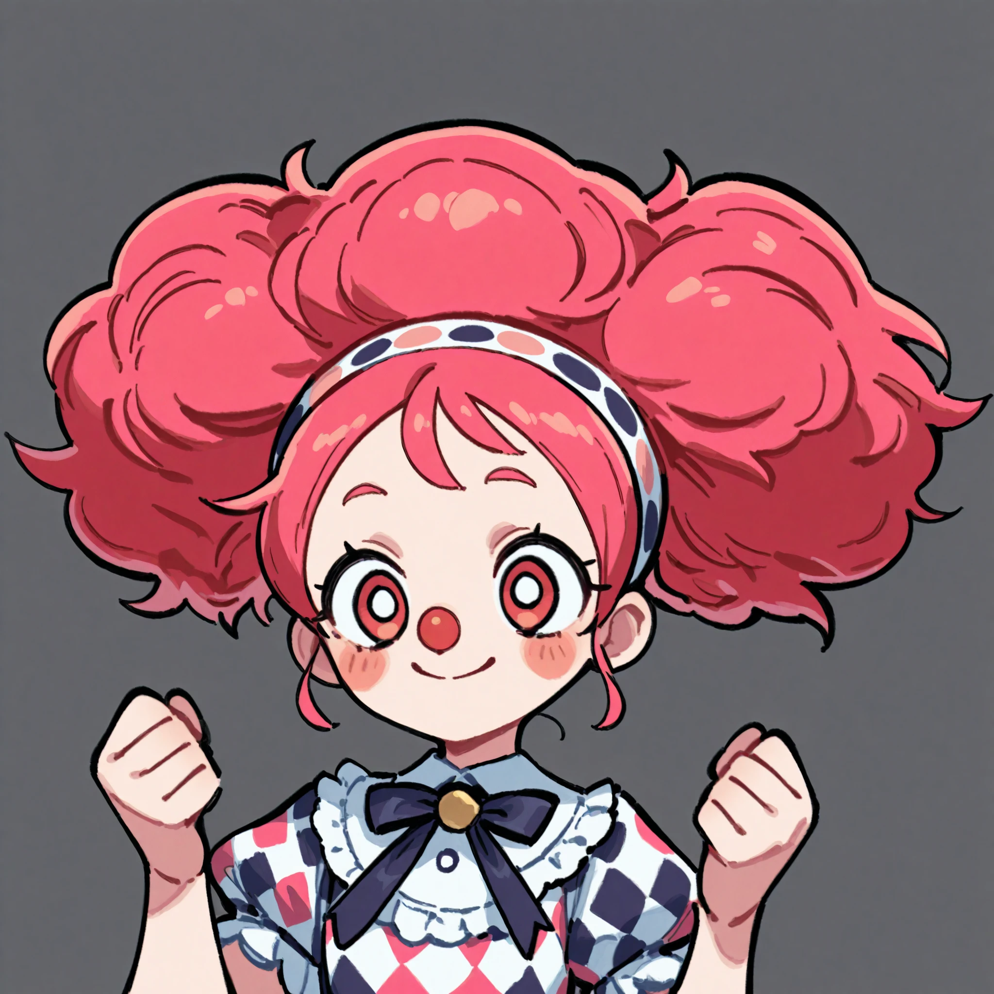 cute doodle,score_9,score_8_up,score_7_up,a game character's vertical drawing design,a girl,SOLO,chibi,Clown costume,happy,Enchanting lol ,Circus clown,Big round red nose,(colored diamond-shaped square clown costume:1.3),stockings,Afro, with his palm facing up ,The movement of throwing flowers, very intense movement ,Soft painting style,Impressive perspective of the full character,Complete character styling,full body view,look at the audience,Front View,simple background