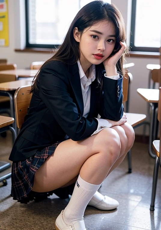 Ulchan-6500-v1.1、(RAW photo:1.2)、(Photoreal:1.4)、beautiful detailed girl、very detailed目と顔、beautiful and detailed eyes、that&#39;that&#39;that&#39;ridiculous、unbelievable that&#39;that&#39;that&#39;ridiculous、huge file size、Super detailed、High resolution、very detailed、highest quality、masterpiece、Kemomimi、((japanese girl&#39; high school uniform))、enlightenment、very detailed、cg、unite、8k wallpaper、growing up、finely、masterpiece、highest quality、Highly detailed CG uniform 8K wallpaper、 light shines on your face、cinematic lighting、1 girl、16 years old、((vaginaが見えてるよ:1.2))、((dynamic pose)))、(camel toe)、(M-shaped spread legs where you sit with your knees up and your legs bent.))classroom、I can see big breasts、vagina、vagina、vagina