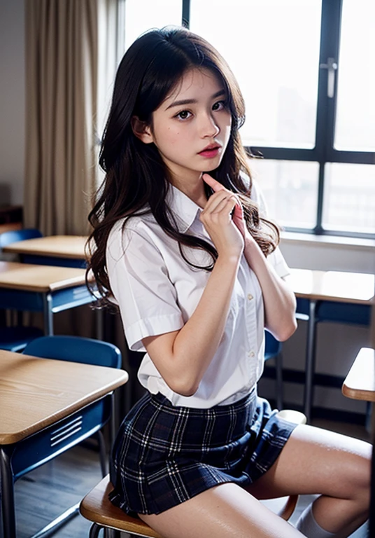 (1 girl), (sexy look:1.5), (flat chest:1.3), (very detailed目, very detailed顔), (超realistic, High resolution), (highest quality:1.4), (hyper quality), real skin texture, RAW photo, (realistic, Photoreal:1.37), very detailed, professional photography, (school uniform, pleated skirt:1.3), (look at me), (School, classroom), ((Face to face with me:1.4)), (from below:1.3), realistic private parts, lace panties, Japanese high school girl、超highest quality、masterpiece、超High resolution、written boundary depth、(Photoreal:1.4)、(award winning photos、信じられないほどのmasterpiece:1.3) 、RAW photography、golden ratio、Highly detailed CG Unity 8k wallpaper、detailed and complex、original、High resolution、RAW photo、(perfect body shape)、detailed and complex、Digital single-lens reflex camera、soft writing、(background person blur:1.1)、Sigma 85mmF/1.4、50mm Lenac lighting、nffsw、hyper real、color grade, Rear view,from below:1.3), (((Holding the hem of her skirt, she opens her legs and shows off her real pussy.:1.4))), 