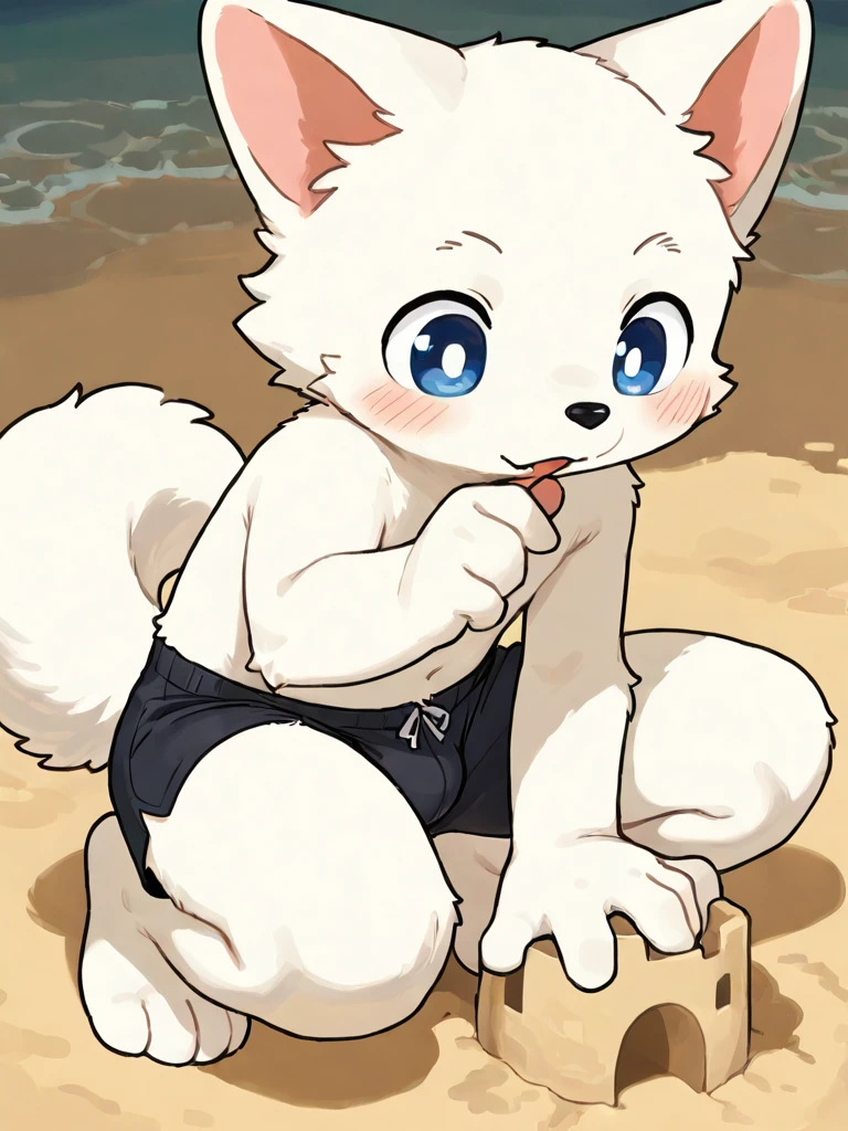 by tsukune minaga, by dagasi, (Top quality, highly detailed, ultra HD, 16K:1.5), Otter、Groin、camel toe、Touching the crotch、Squat、Wet body、Young body、childish panties、garden、Sandbox