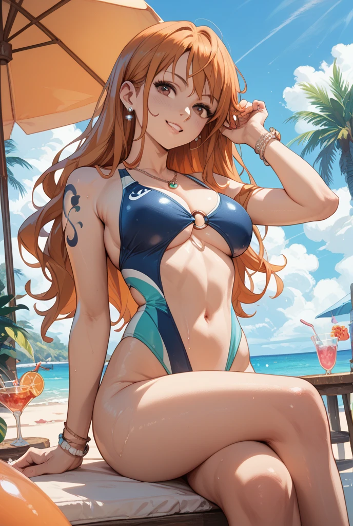 (masterpiece, high quality), (1 woman), wet, bikini, necklace, wavy ginger hair, freckles all over, flower in hair, perfect body, small breasts, (perfect face), beautiful eyes, tropical, pool