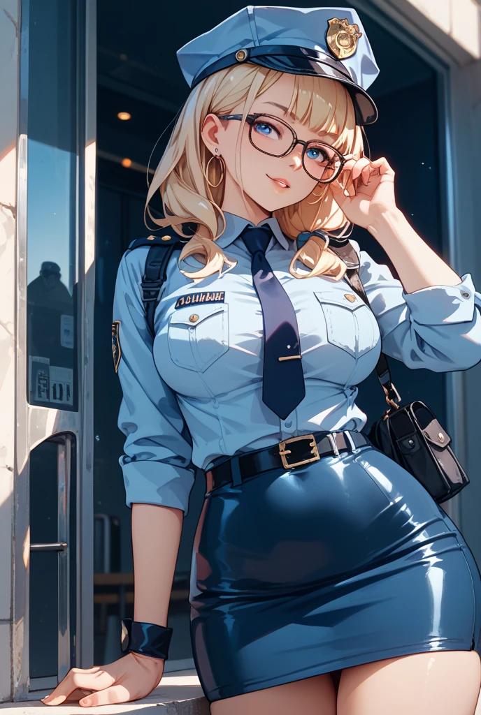 (best quality:1.5, highres, UHD, 4K, detailed lighting, shaders), gold floral haired, gradient hair, large breasts, suit, gray shirt, social shirt, short skirt, mature woman with glasses, (pov), white background, colorful eyeshadow, dramatic lighting, sparkling eyes, sensual expression, golden earrings, flowing hair, delicate facial features, dark skin, high cheekbones, urban setting, white background, dont look for the camera, lean forward, ( pose : behind the camera), squatting, open foot.