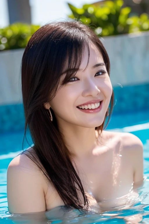 masterpiece,best quality,(Japanese ),((Beautiful girl)),cleavage,(poolside),(perfect body beauty:1.2),(shy smile),beautiful teeth,