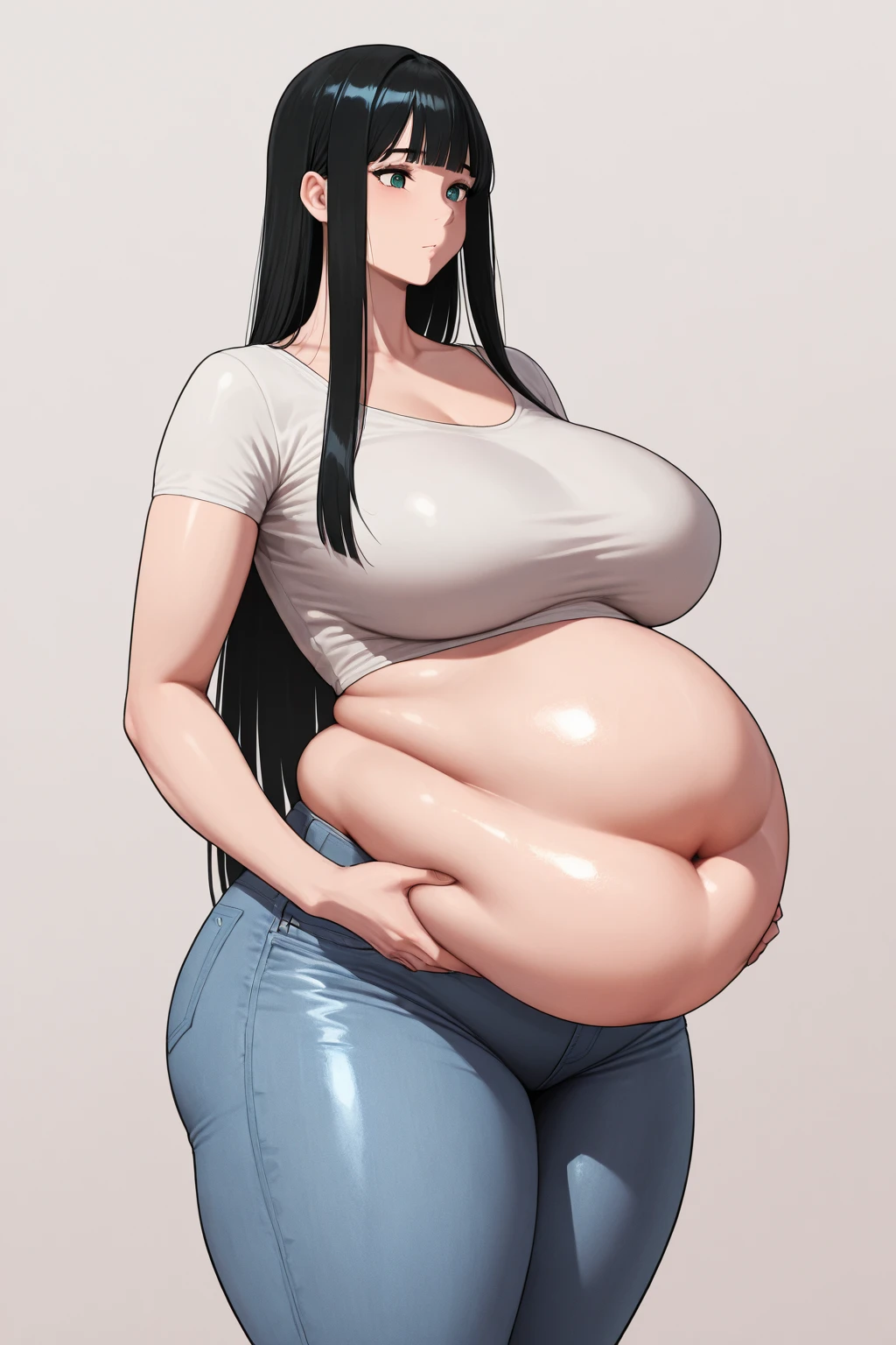 fat, obese, pregnant, albedo, black hair, horns