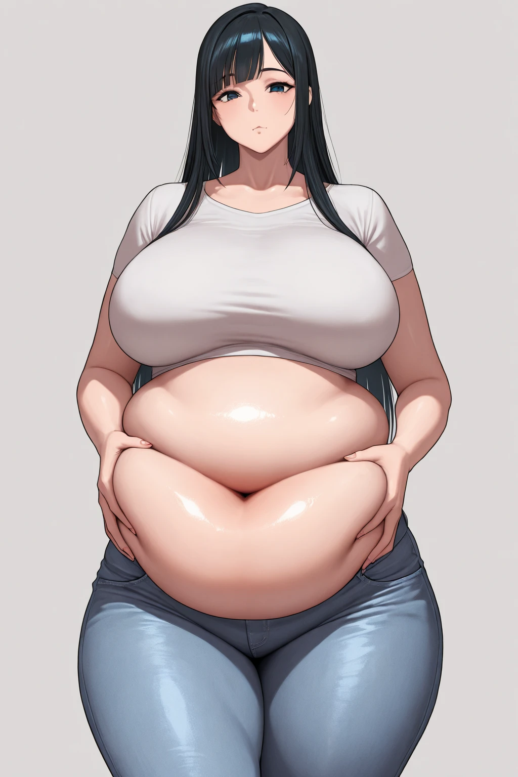 (Masterpiece, Best Quality, High Quality:1.4), (professional artwork, extremely detailed girl:1.0), 8k, detailed eyes, perfect face, 2girl, (voluptuous, mature female, plump, large lips:1.2), wide hips, thick thighs, heavy makeup, bottom heavy:1.4), (skindentation, long eyelashes, dark eyeshadow, looking at viewer, bright eyes, close up, annoyed, angry, fat, obese, big belly, huge belly, sagging breasts, sagging belly, cruel smile, sadistic smile, bloated belly, wobbling belly, goth girl, black hair, black lipstick