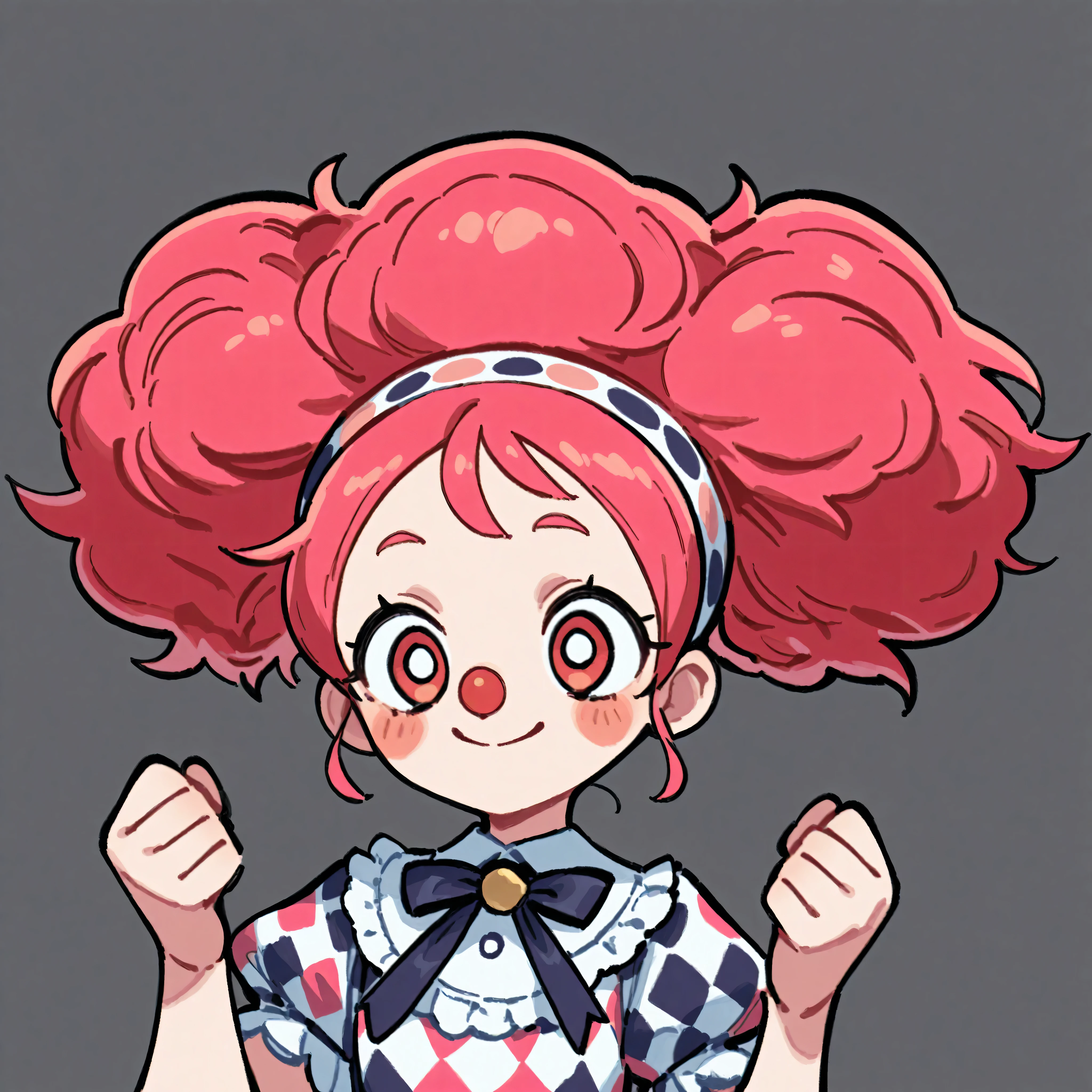 cute doodle,score_9,score_8_up,score_7_up,a game character's vertical drawing design,a girl,SOLO,chibi,Clown costume,happy,Enchanting lol ,Circus clown,Big round red nose,(colored diamond-shaped square clown costume:1.3),stockings,Afro, with his palm facing up ,The movement of throwing flowers, very intense movement ,Soft painting style,Impressive perspective of the full character,Complete character styling,full body view,look at the audience,Front View,simple background