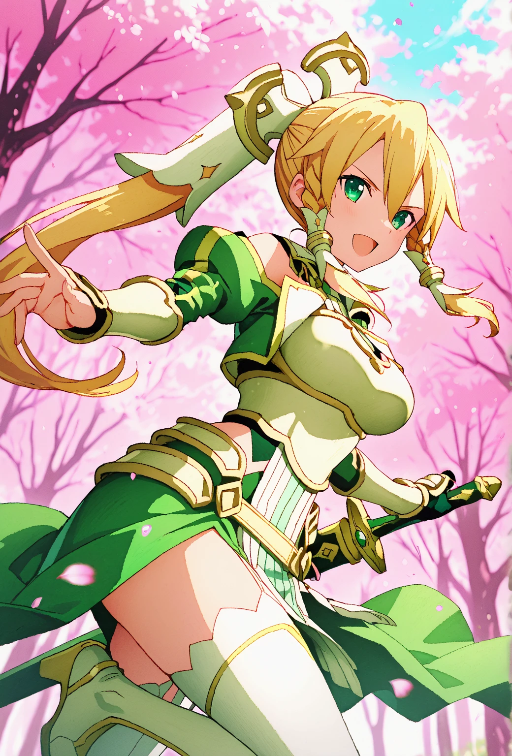 1girl, riesz, trials of mana, blonde hair, polearm, solo, cleavage, spear, shoulder armor, bridal gauntlets, winged helmet, underwear, cloud, helmet, green dress, pauldrons, medium breasts, outdoors, fingerless gloves, blue eyes, pantyshot, collarbone, very long hair, large breasts, cowboy shot, sunset, standing, holding polearm, closed mouth, green panties, low-tied long hair, strapless dress, bangs, wind, short dress, cloudy sky, hair ornament, head wings, leotard, floating hair, black gloves, smoke, tears, skirt, fire, elbow gloves, railing, thighs, looking away, orange sky, yellow sky, brown gloves, strapless leotard, looking to the side, trident, forehead jewel, sleeveless dress, evening, jewelry, masterpiece, best quality <lora:riesz_sdxl_locon_ani_v1:0.7>
