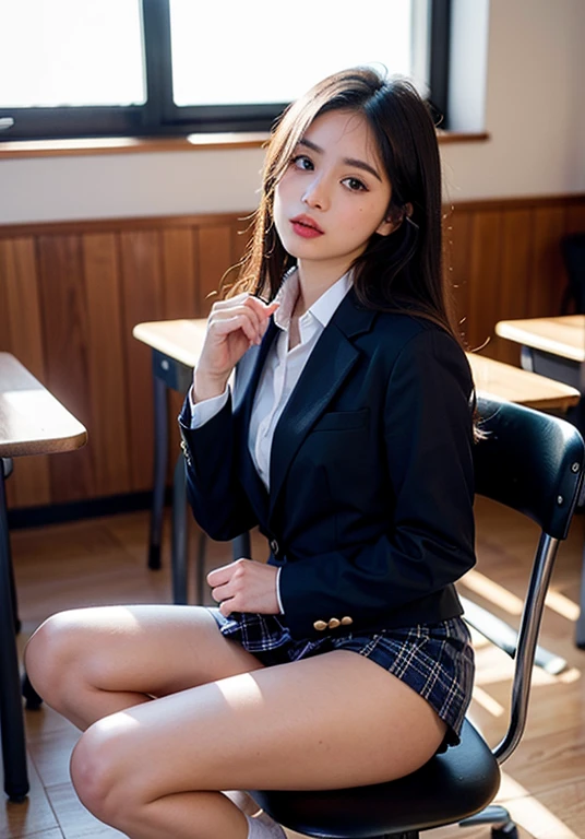 ((knee shot)), Shot from a random perspective, 22-year-old Asian model, slim, Slimming the waist, curlies, 校服, Black blazer, White pleated skirt, warm lights, Warm tones Slender legs, Cross ed leg, In the classroom, sitting on the classroom desk, warm lights, a warm color palette, Dynamic pose, posing elegantly, blonde hair, streaked hair, hair ornament, heart-shaped pupils, makeup, light smile, shy, licking lips, Romanticism, Social realism, chiaroscuro, motion blur, anaglyph, Sony FE GM, UHD, masterpiece, textured skin, super detail, best quality