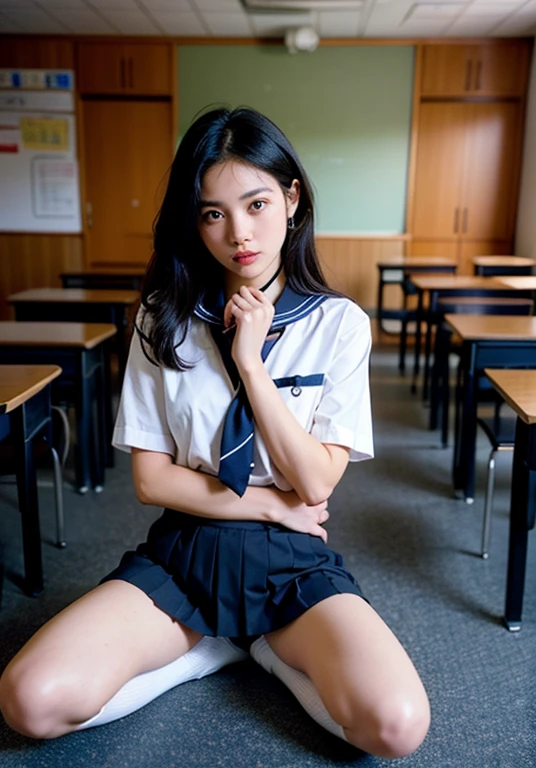 dirty, wet, A thai high school 16 year old, medium hair, baby face,school unifrom,Unbuttoned white shirt, dark blue skirt, class room, showing her breast, small breast, sitting open legs spread to side, showing her pussy, Chained hands behind, tied up and restraint , BDSM, bondage, Collared, chained,