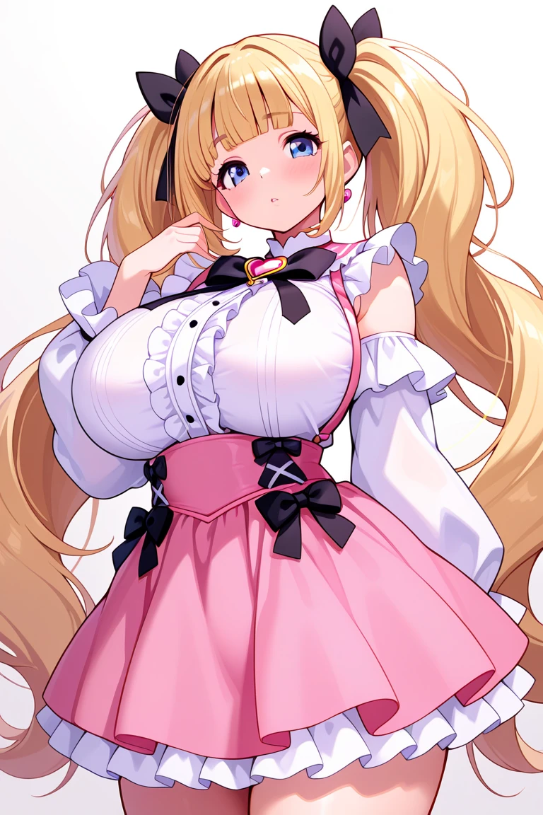 1girl, bare shoulders, blue eyes, blunt bangs, blush, brooch, by suruga, center frills, cleavage, closed mouth, covered navel, cowboy shot, drill locks, expressionless, heart clothing cutout, huge bursting breasts, jewelry, looking at viewer, skirt, sleeveless white dress, solo, standing, thick thighs, twin drills, v-shaped eyebrows, very long hair, wavy blonde drill hair, white bowtie, white simple background