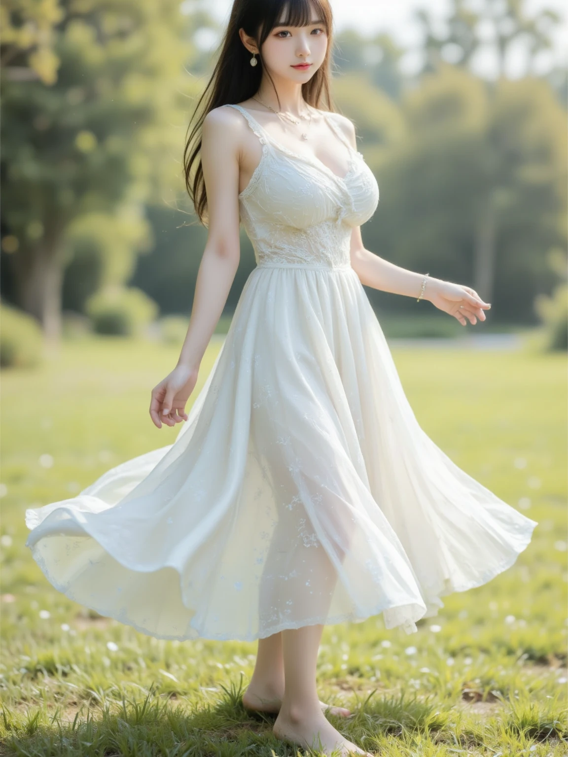 ，work of art, best qualityer，8K, ultra high resolution，real light and shadow，Cinema lenses，(beautiful eyes:1.1)， ((medium shot the scene is，the upper part of the body))，dynamic poses，and without clothes, In a green meadow，A gentle goddess came with a gentle step。She wore a white dress，Uma brisa suave sopra，The skirt dances lightly。The sun shines through the leaves in your hair，Reflecting your clear eyes and gentle smile。Colorful butterflies flew around him，Flowers bloomed at his feet，It was as if nature was rooting for her。