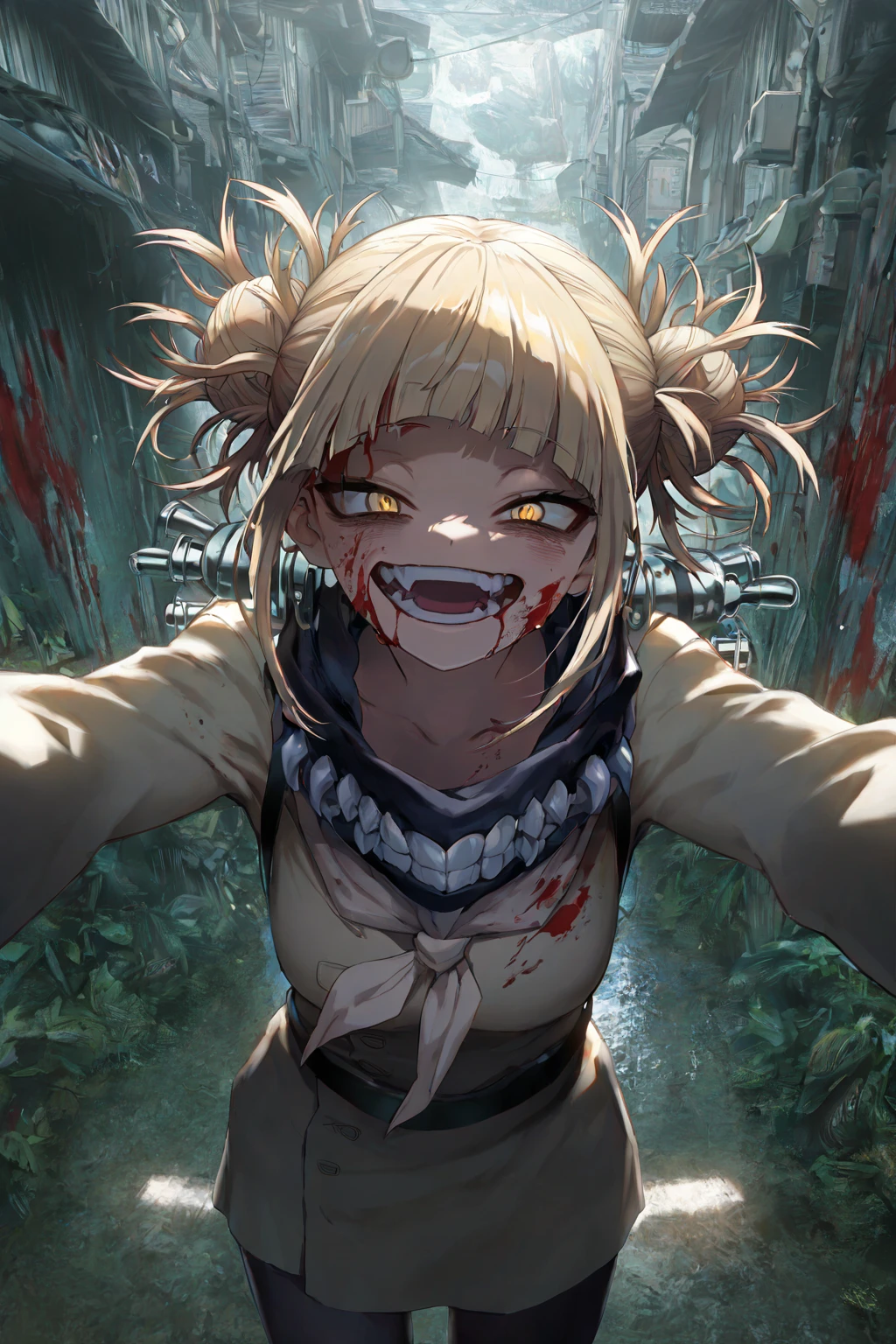 masterpiece,high quality,best quality,4k,super detailed,4k,focus sharp,(face),head,Himiko Toga,blonde hair,messy hair,yellow eyes,(glowing eyes),(blood splatter:1.7),red light,smile,big smile,fangs,psycho smile,gesugao,dark city background,darkness,night,(closeup),good eyes, good teeth,
