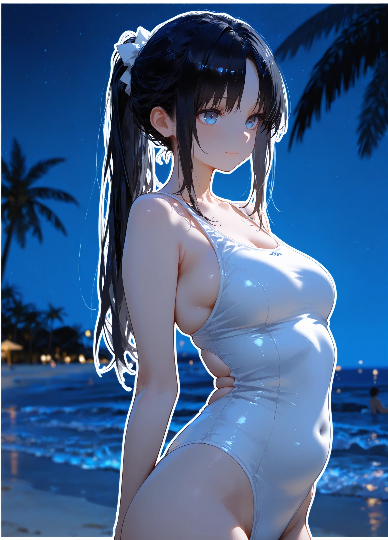 8k, masterpiece, RAW Photos, highest quality, Realistic, Very detailed, Depth of written boundary, Cinematic Light, Anatomically correct body,
One beautiful 40 year old woman, Very beautiful face, Exquisitely detailed face, (A calm and gentle face:1.4), Very delicate skin texture, Transparent muscle, Shiny white skin, Glamorous Body,
(Long black hair waving in the wind:1.2), (Sexy Breasts:1.1), (Sexy ass:1.1),
(Micro bikini swimwear:1.2), (Detailed cloth texture:1.2), (Gorgeous necklace:1.1), (Gorgeous earrings:1.1),
(Dark starry background:1.4), (Milky Way:1.1), (milky way:1.1), (shooting star:1.1), (Dark coastline at night:1.4), (Pitch black sea surface:1.4),
(Standing on the beach:1.2),