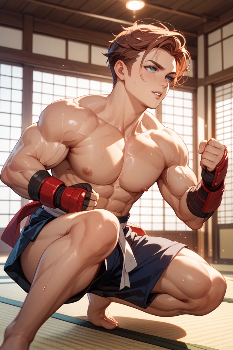 a shirtless 19-year old handsome caucasian male in faded haircut, mma gloves, white mma shorts, cute, handsome face, six-pack abs, beautiful body, well-defined body, sweating profusely, shirtless, smiling, walking in the gym