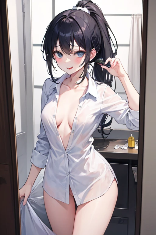 realisticlying、25 years old women、Polo shirt、Wearing a garter belt、Bedrooms、realisitic、A sexy、Cleavage emphasis