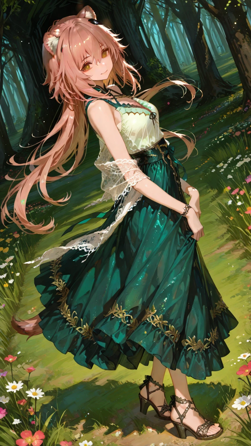  1girl, Gravel_Arknights , High-altitude grasslands covered with lush grasses and flowers , The wind is blowing under the summer sun , mesh shawl , Total lace tiered sleeveless casual blouse , Layered tiered casual long skirt made of chiffon fabric , Thick-soled sandals with thick heels and cross straps , slightly smile , looking at viewer , skirt flare in breeze , looking back , reaching , close eyes , open mouth , natural makeup ,  pose , 
break , 
( ambient occlusion:0.9 ) , masterpiece , best quality , ultra-detailed , high resolution , extremely detailed CG , unity 8k wallpaper , super detailed skin , perfect  , detailed beautiful face , detailed beautiful eyes , highres , chiaroscuro , highly detailed background , elaborately designed clothes , dramatic lighting  , full body , from side , dramatic angle , light particles , ARW ,  