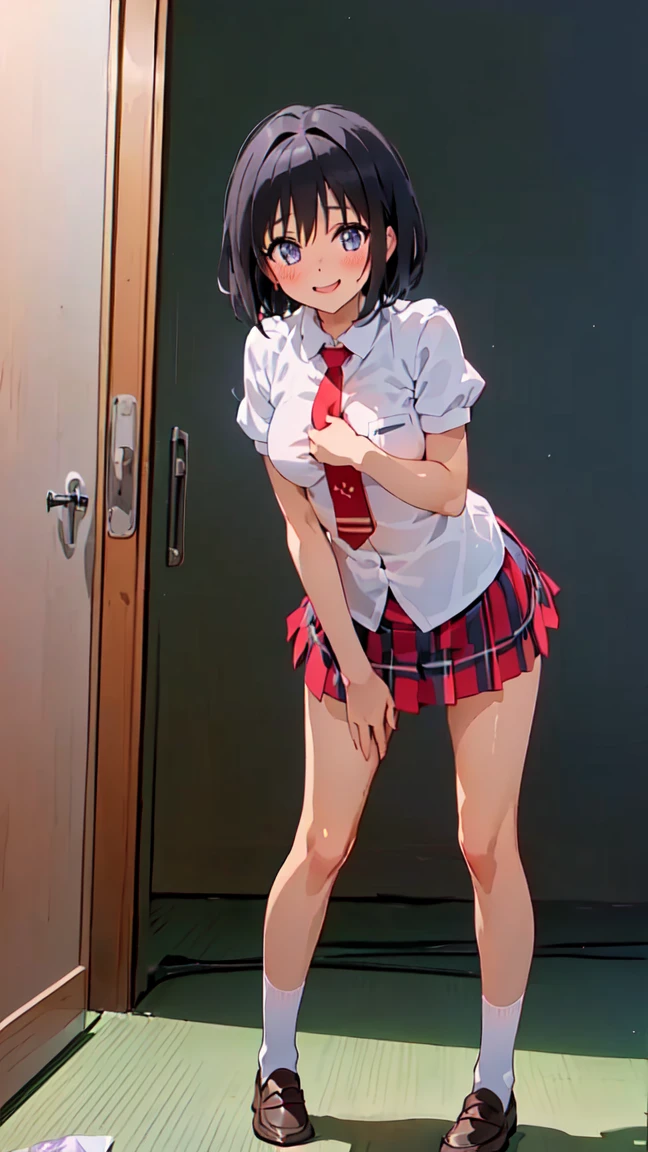 Young girl with blue hair,short straight hair and short bangs (purple eyes),, ((small bushy eyebrows)), wearing gothic lolita clothing, lolicon , medium large breast, breasts out of blouse, walking to school, bored look, bored face, , lifting her skirt to show her vagina wet with semen, having sex