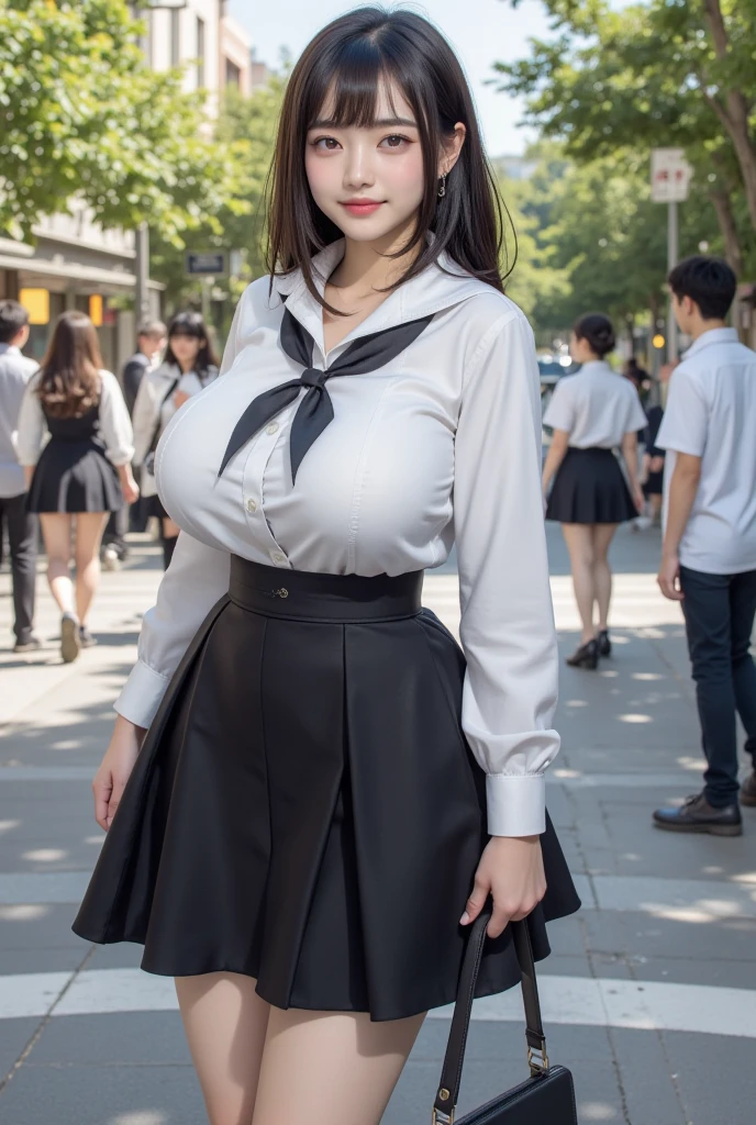 (masterpiece:1.3), (High resolution:1.1), Detailed beautiful face, Detailed beautiful, (huge breasts, gigantic breasts:1.4 there is a woman in a short skirt and a white shirt, very sexy outfit, thicc, sexy outfit, intriguing outfit, clear curvy details, revealing outfit, wearing tight simple clothes, a hyperrealistic schoolgirl, sexy style, hyperrealistic schoolgirl, wearing a cute top, smooth translucent white skin, japanese goddess, sexy look, small curvy loli, korean girl, Korean sexy