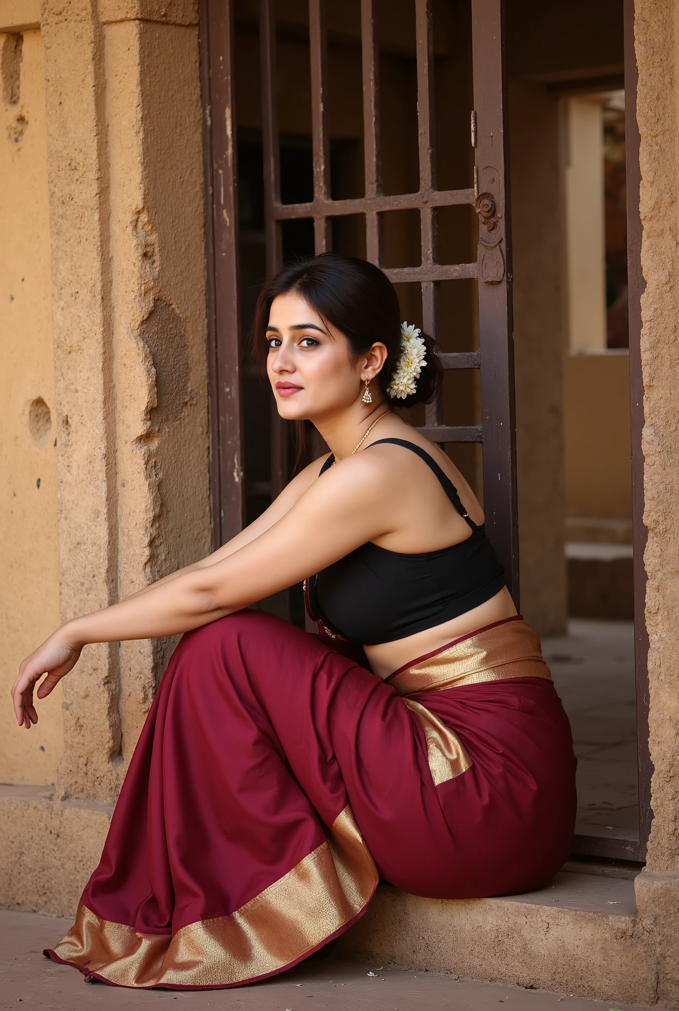 A graceful young Indian woman sitting near an old temple doorway, wearing a deep maroon silk saree with a golden border and a black sleeveless blouse. She is seated on the stone floor with one knee up and arms gently resting over it, gazing thoughtfully to the side. Her hair is tied back in a low bun adorned with white jasmine flowers. She wears minimal traditional jewelry including a simple gold necklace. The setting is rustic and historical, with aged stone architecture and metal grills in the background. The lighting is warm and soft, evoking a peaceful and traditional vibe.