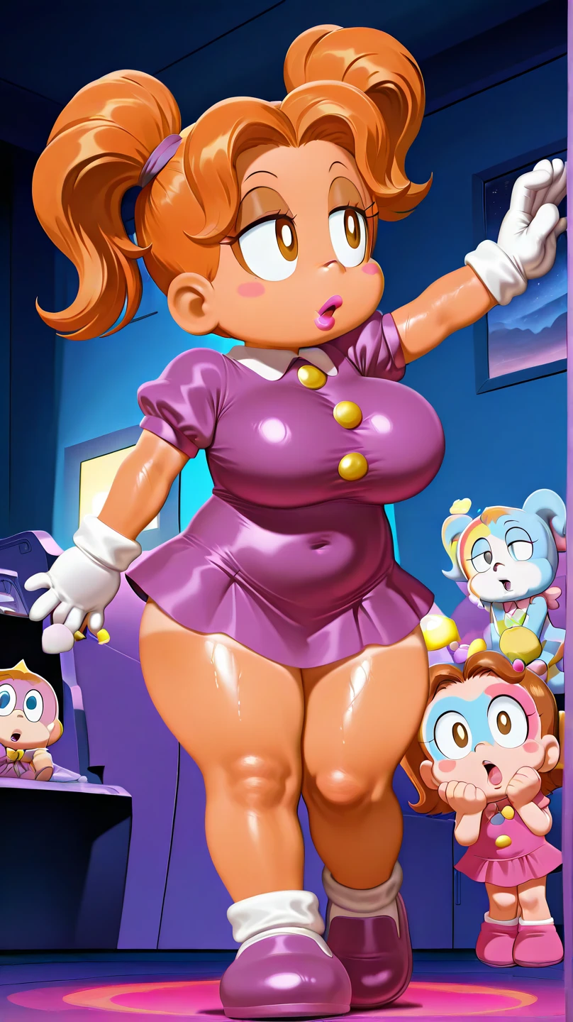 chubby, bbw, Velma from scooby doo, araffe gyaru woman in a pink knit latex sweater, pink latex skirt, frilled pink skirt, thick thighs, cowboy shot, big breast, curvy body, milf, bimbo, big pouty lips, big breasts under sweater, glasses,skirt, paws, puffy_nippels, long_sleeves, shiny_skin, bouncing_breasts, bimbo life style,