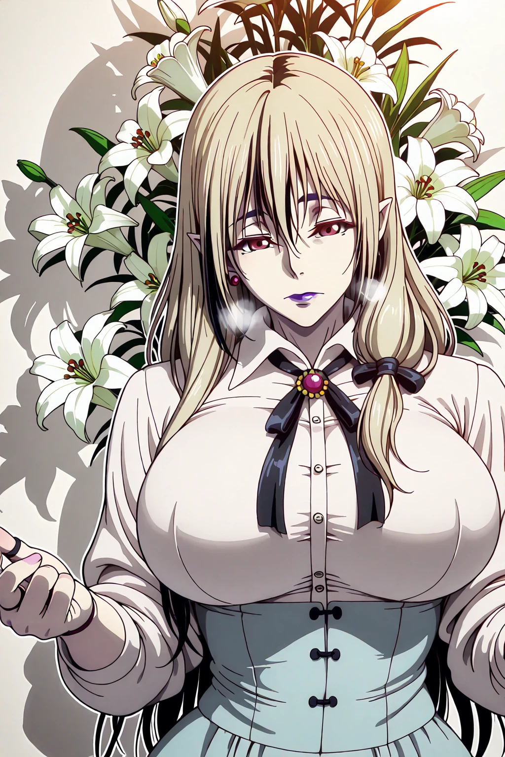 (code Geass-style:1.5), (jam-orbital-style:1.2), (zonda_(solid_air)-style:1.2), ((anatomical correct)), ((Cinematic, unreal engine, eye-catching, ambient occlusion, UHD, masterpiece)), ((perfect lighting, soft shadow)), perfect body, perfect eyes, perfect fingers, gasping, heavy breathing, gasping profusely, ((skindentation)), ((curvy)), enigma, vampire, long hair, ((black hair)), hair between eyes, red eyes, pale skin, purple lips, lipstick, pointy ears, big breasts, (voluptuous:1.5), (mature female:1.5), ((white outline)), solo, 1girl, jewelry, flower, looking_at_viewer, shirt, lily_(flower), white_shirt, upper_body, earrings, closed_mouth, brooch, skirt, ribbon, hair_ornament, bow, gem, high-waist_skirt, hair_flower, black_ribbon, joints, 