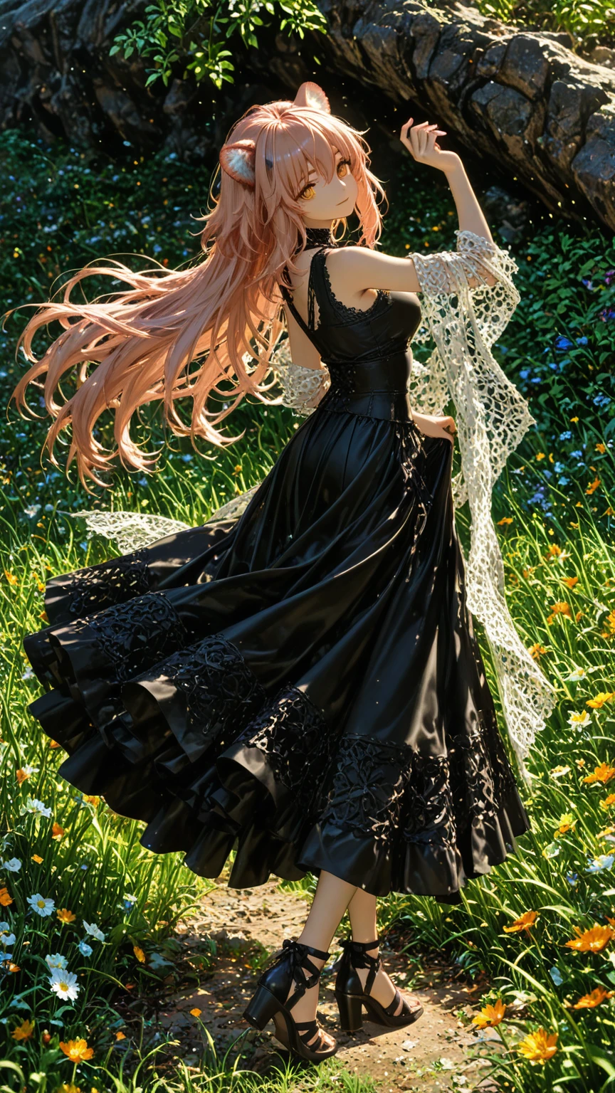  1girl, Gravel_Arknights , High-altitude grasslands covered with lush grasses and flowers , The wind is blowing under the summer sun , mesh shawl , Total lace tiered sleeveless casual blouse , Layered tiered casual long skirt made of chiffon fabric , Thick-soled sandals with thick heels and cross straps , slightly smile , looking at viewer , skirt flare in breeze , looking back , reaching , close eyes , open mouth , natural makeup ,  pose , 
break , 
( ambient occlusion:0.9 ) , masterpiece , best quality , ultra-detailed , high resolution , extremely detailed CG , unity 8k wallpaper , super detailed skin , perfect  , detailed beautiful face , detailed beautiful eyes , highres , chiaroscuro , highly detailed background , elaborately designed clothes , dramatic lighting  , full body , from side , dramatic angle , light particles , ARW ,  