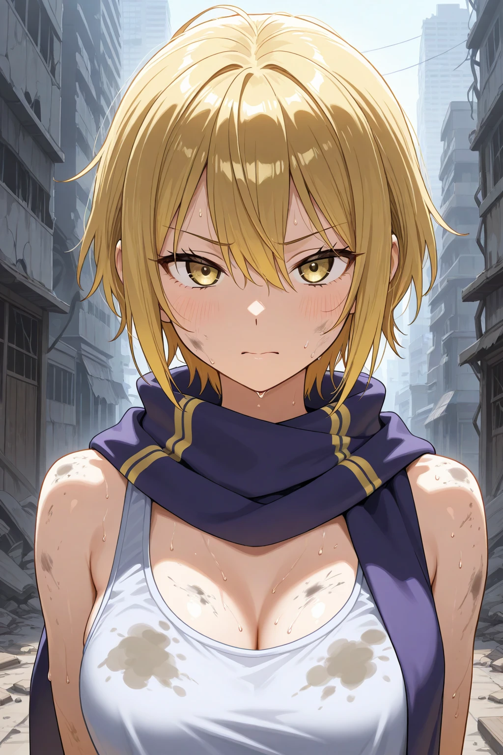 (((tier harribel))), , outdoors, 1girl, Muscular Female, abs, medium breasts, ((underboob)), (((upper body))), standing, ((tan)), yellow hair, medium breasts, messy hair,
looking away, highres, superb, 8k wallpaper, extremely detailed, intricate, award-winning, hyper-detailed, hard lighting, intricate details, detailed eyes, eyes focus, (illustration:1.1), highres, (beautiful face:1.15), yellow eyes, (((masterpiece))), (highest quality), ((perfect face)), very deep eyes, (cinematic lighting), best quality, bishoujo, sidelight, highres, (intricate details), detailed finger,