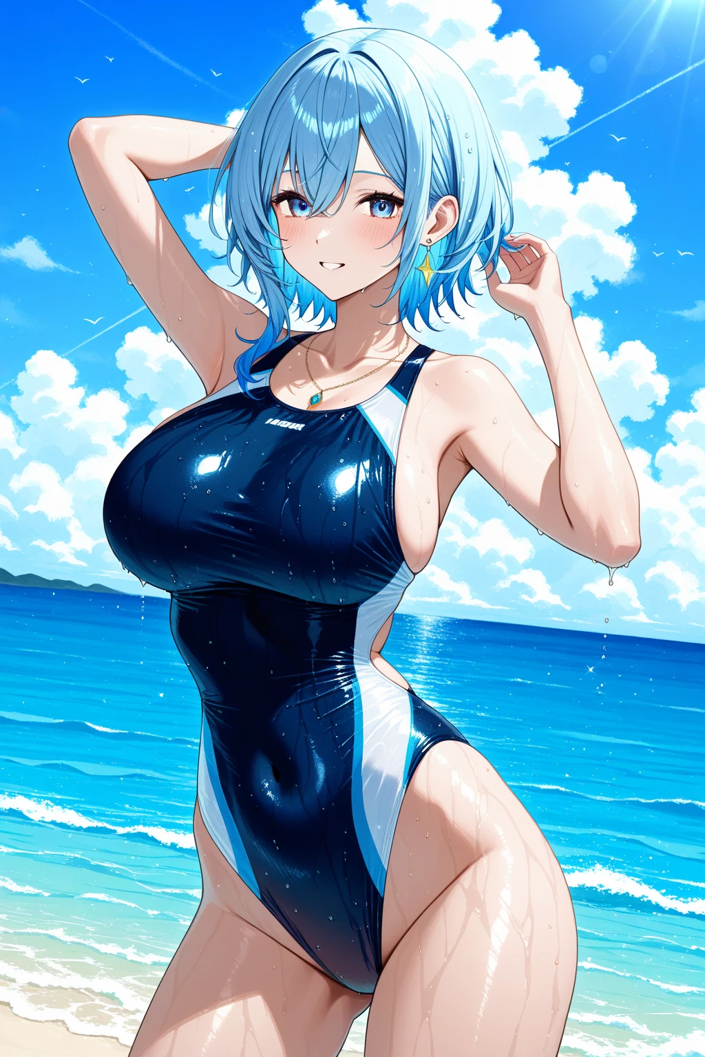 ((1 girl, alone, alone, Ako Amau, big breasts, flushed cheeks, swimsuit, whole body, shortcut, Short hair))
