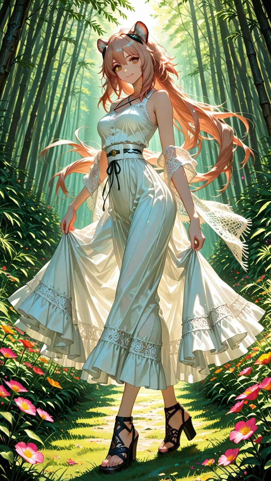  1girl, Gravel_Arknights , High-altitude grasslands covered with lush grasses and flowers , The wind is blowing under the summer sun , mesh shawl , Total lace tiered sleeveless casual blouse , Layered tiered casual long skirt made of chiffon fabric , Thick-soled sandals with thick heels and cross straps , slightly smile , looking at viewer , skirt flare in breeze , looking back , reaching , close eyes , open mouth , natural makeup ,  pose , 
break , 
( ambient occlusion:0.9 ) , masterpiece , best quality , ultra-detailed , high resolution , extremely detailed CG , unity 8k wallpaper , super detailed skin , perfect  , detailed beautiful face , detailed beautiful eyes , highres , chiaroscuro , highly detailed background , elaborately designed clothes , dramatic lighting  , full body , from side , dramatic angle , light particles , ARW ,  