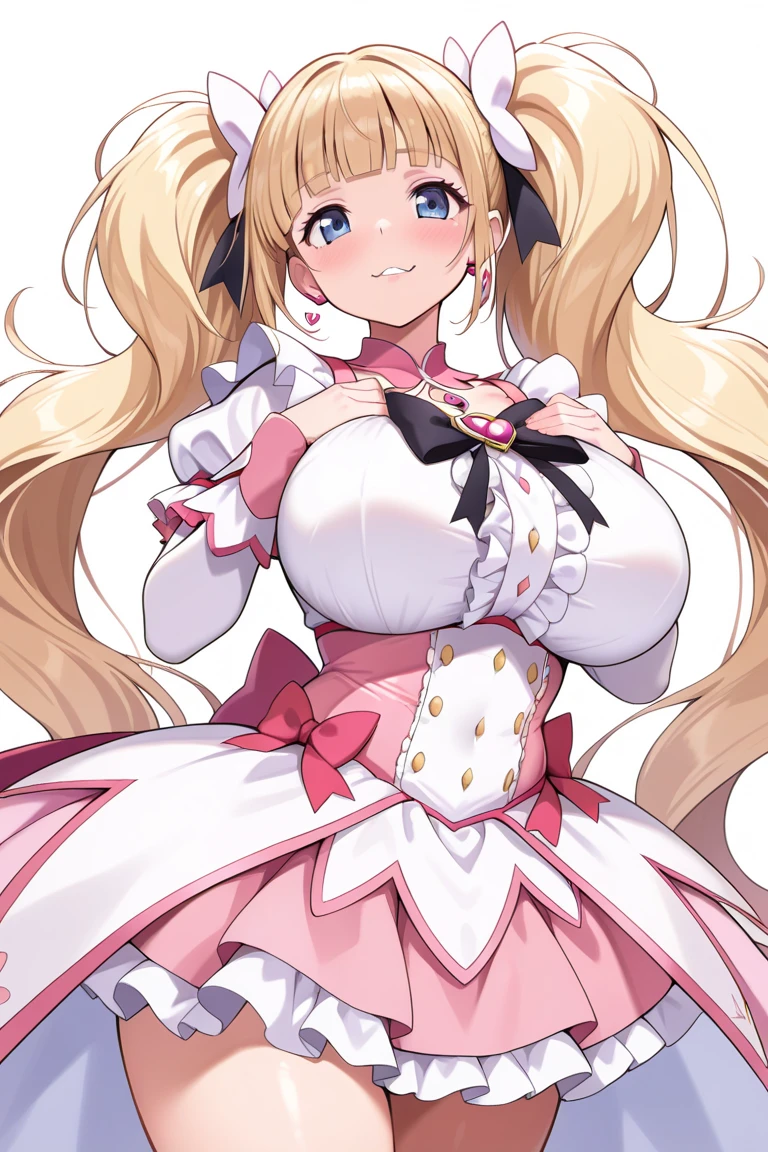 girl, medium large breasts, green eyes, long hair, twintails, sandy blonde hair, hearts, pink atmosphere, juicy lips, curvey,, smile, flat colour, lineart, beautiful eyes, pink bow, juicy lips, massive , dress, skirt, pink dress