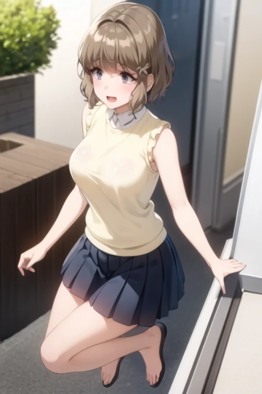 masterpiece、15 year old beautiful girl、a blond、short-hair、Braiding、Perfect wearing cute lace underwear、Sparkling eyes、perfect leg、Smaller chest、Sitting on the stairs at home and doing a Footjob、Bare legged、Mischievous smile、smooth body、Emphasis on the thighs、Angle from below、opens legs、raise leg、Footjob、Sunburned skin、humiliate a boy