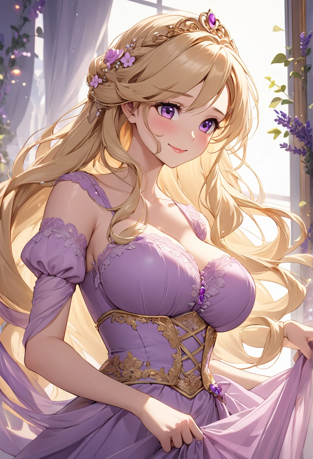 Masterpiece, most beautiful twenty years sweden blond fantasy peasant woman, long wavy hair, perfection, simple cute light white sundress, fit, strong, elegant, confident, soothing, slightly happy, sensual, powerful, kneeling in a grass field, spring, sunset, slight wind, epic shot, scenic lighting, girl-next-door, medieval fantasy setting, perfect round perky big breasts, perfect , deep cleavage, lace, green emerald beautiful eyes, surrounded by magical gold and purple butterflies and energy magical sparkles , sultry look, seductive