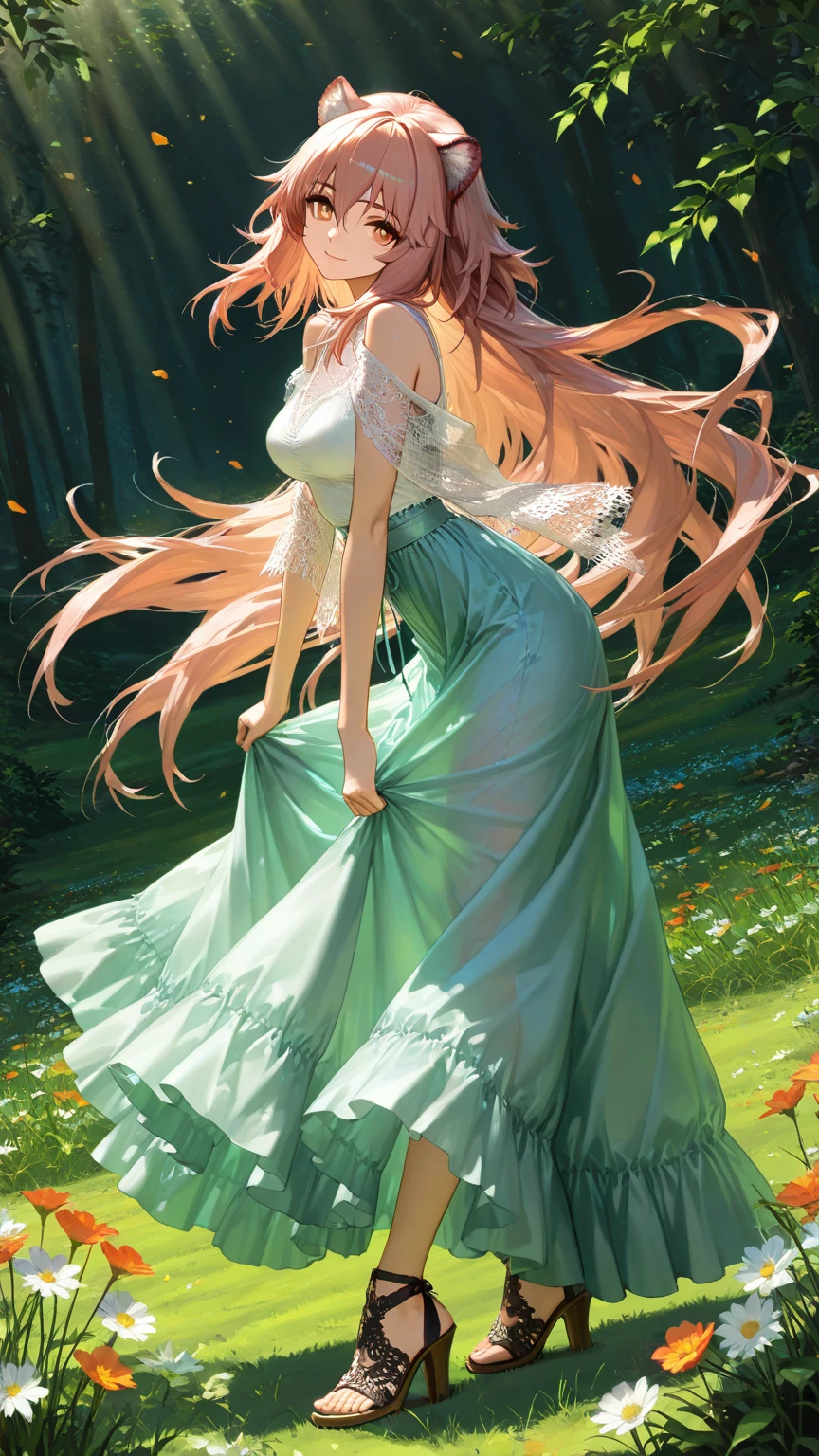  1girl, Gravel_Arknights , High-altitude grasslands covered with lush grasses and flowers , The wind is blowing under the summer sun , mesh shawl , Total lace tiered sleeveless casual blouse , Layered tiered casual long skirt made of chiffon fabric , Thick-soled sandals with thick heels and cross straps , slightly smile , looking at viewer , skirt flare in breeze , looking back , reaching , close eyes , open mouth , natural makeup ,  pose , 
break , 
( ambient occlusion:0.9 ) , masterpiece , best quality , ultra-detailed , high resolution , extremely detailed CG , unity 8k wallpaper , super detailed skin , perfect  , detailed beautiful face , detailed beautiful eyes , highres , chiaroscuro , highly detailed background , elaborately designed clothes , dramatic lighting  , full body , from side , dramatic angle , light particles , ARW ,  
