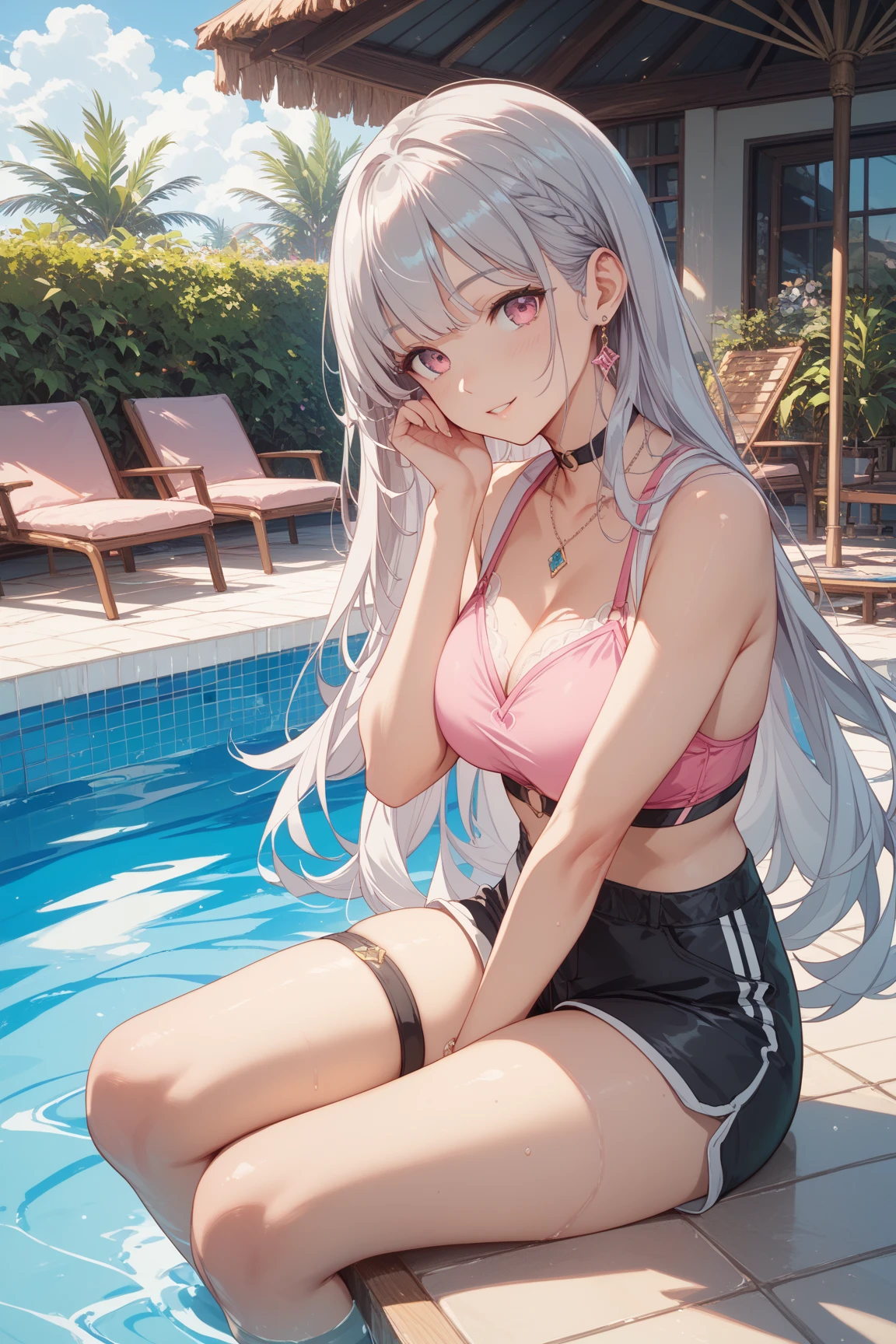 Masterpiece, Best Quality, High Resolution, Cat Ears Girl, Ponytail, Pink Eyes, Hair Between Eyes, Bangs, Silver Hair, Clavicle, Halter Neck, Breasts, Very Long Hair, Small, School Swimsuit