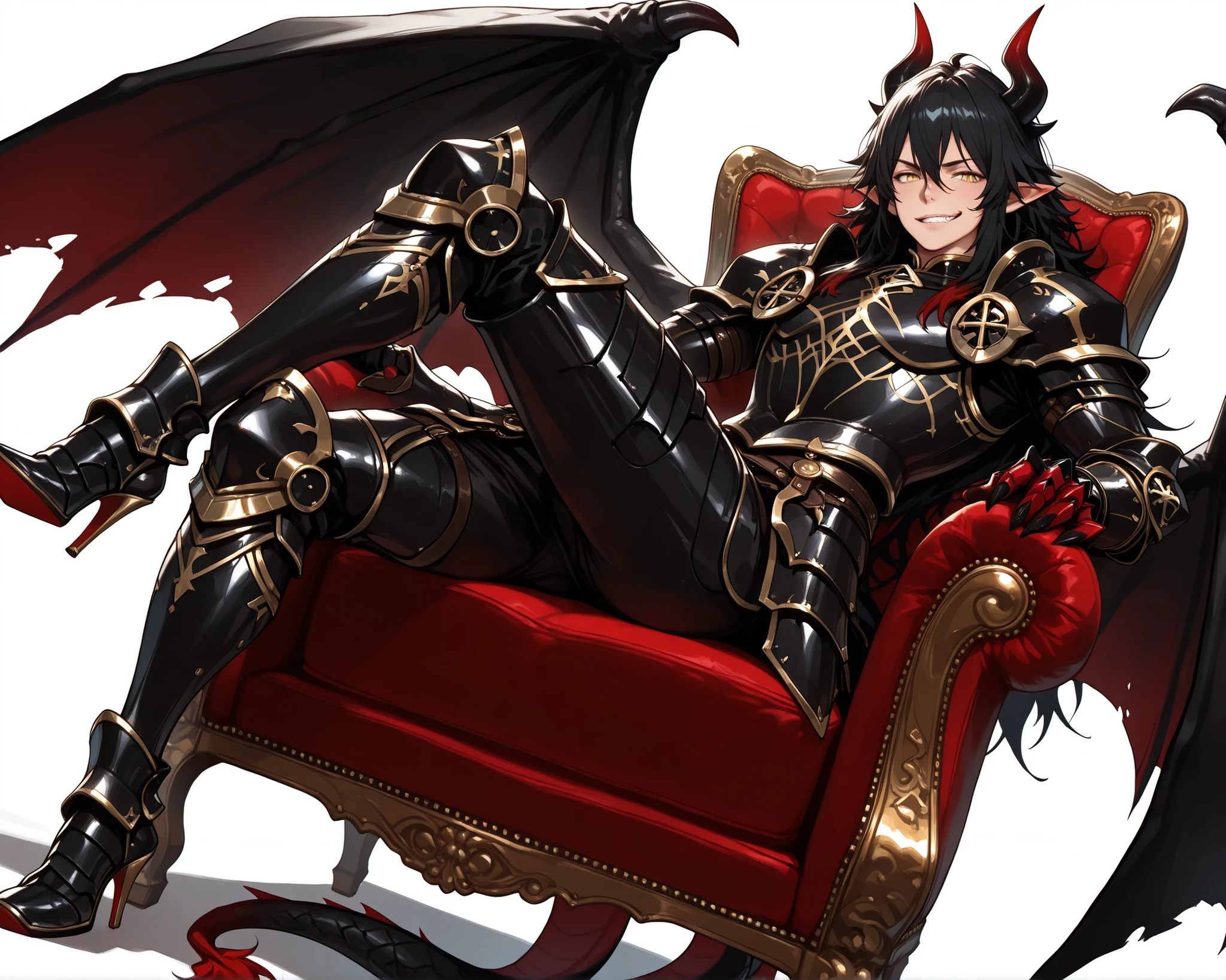 score_9, score_8_up, score_7_up, absurdres, (((128K Ultra High Resolution))), (masterpiece, best quality: 1. 5), (high definition: 1, 4), (highres), 8K wallpaper, (excellent graphics: 1. 5), CG, (((Japanese Anime style))), (1 male), solo, ((lean body, masculine)), weredragon, glossy black, shiny black leather, ((beautiful golden eyes, finely detailed eyes, bright eyes, slit pupils)), hair between eyes, black hair, long hair, sideburns, wild hair, (sly grin, sinister grin, smirk), teeth, confident, ((ultra detailed face)), shiny skin, long pointy ears, twisted torso, long-legged, sculpted face, wasp waist, dragon horn, dragon tail, dragon wings, dragon sharp claws, (black armor with a lot of grandiose decorations: 1. 5), half dragon half human, (sit cross-legged, closed legs, sit sideways, luxury antique red plush velvet chair: 1. 5), (dramatic angle, dynamic pose: 1. 5), (ultra detailed black armor, well-polished black armor: 1. 5), (gold-adorned armor: 1. 5), all black outfit, full body, emphasize face, sharp focus, good-looking man, (best illustration, highly detailed artwork: 1. 5), (cinematic), dramatic lighting, (intricate detail, extreme detailed, super detailed: 1. 5), chiseled features, (stark contrast, heavy shadows: 1. 3), detailed black decorations, beautiful & aesthetic, photoreal, (from side), (mysteriously crafted black metal armor: 1. 5), thick & luxuriant hair, (ultra detailed fantasy black armor, wonderful black armor: 1. 5), (realistic metal texture), broad shoulder, true-to-life visuals, artistically refined, (extremely delicate & beautiful armor, elaborate armor details: 1. 5), (giant black armor, dark armor, stylized armor: 1, 5), (((armor-type high heels))), (extremely detailed armor with intricate engravings, intricate armor with gold ornaments: 1. 5), ((very gorgeous and dazzling)), (dark fantasy black knight: 1. 5), slim waistlines, wide chested, sinewy body, (Hyper Detailed & Perfectly Designed Black Armor: 1. 5), (simple white background)