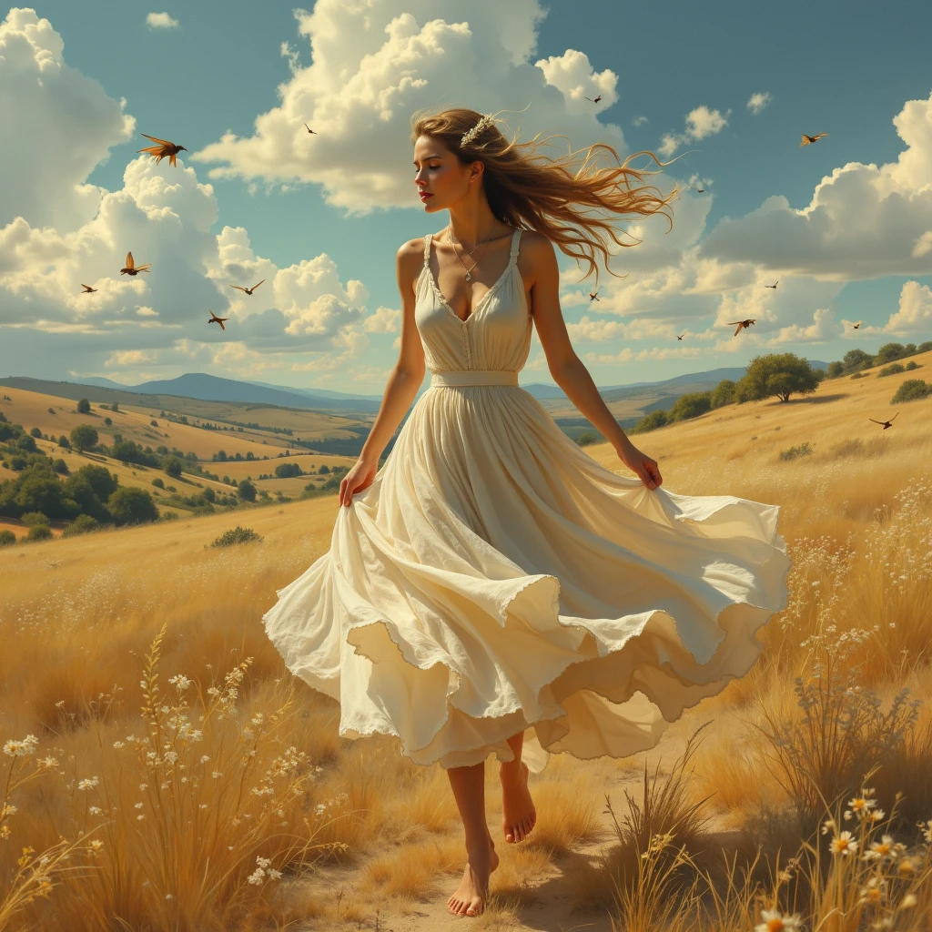 (masterpiece), (best quality), ((ultra-detailed)), (hyperrealistic), (highly detailed photo), cinematic lighting, photorealistic, extremely beautiful young lady in European countryside, intricate detailed white dress, shining, gloss, crisp, flirty, epic, focus, high contrast, artistic, scenic