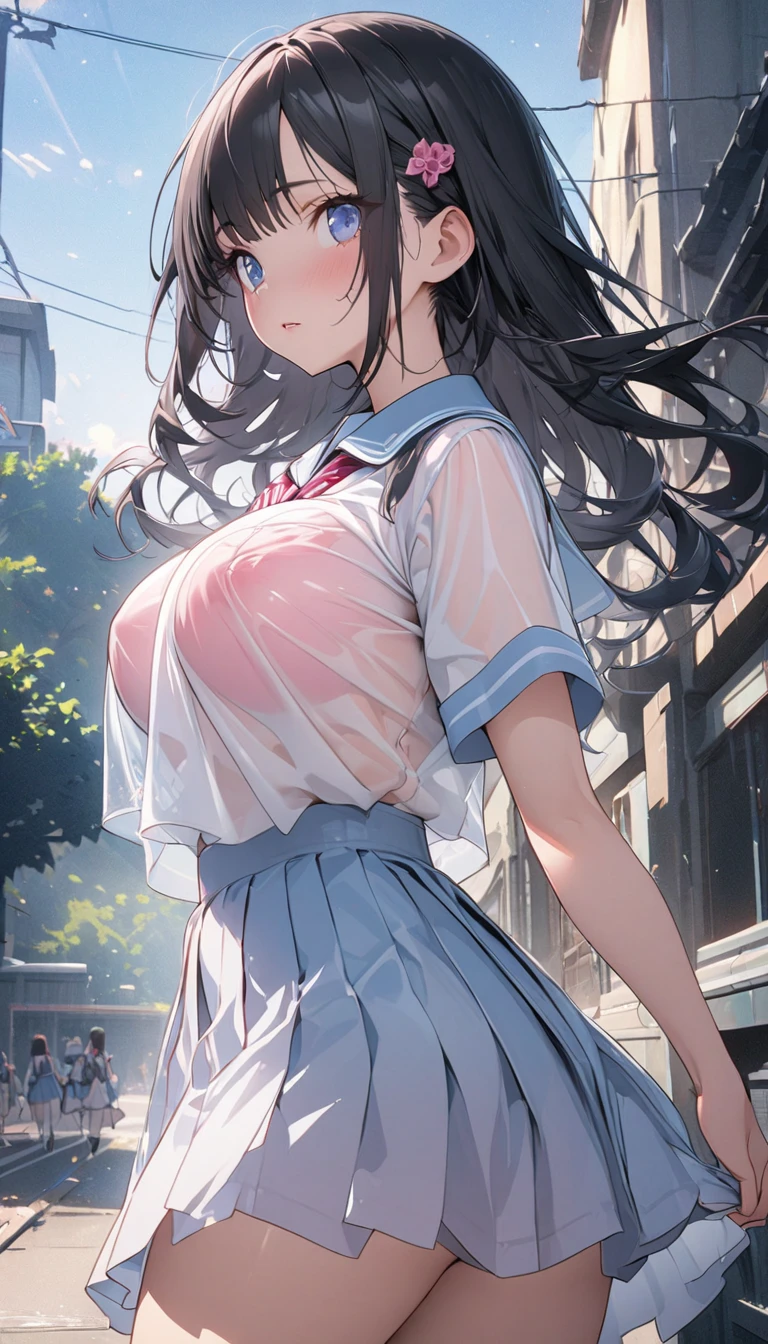 (hyper realisitic), (8K), (Extremely detailed), (Best Illustration), Beautiful detailed eyes, (Best Quality), (Ultra-detailed), (masutepiece), 1girl, Anime Beautiful Girl, Beautiful anime, Beautiful animeの少女, an anime girl, hightquality, 魅力的なan anime girl, 可愛いan anime girl, realistic cute girl painting, Anime style. 8K, ((in 8K)), ((Raw photo)), ((best qualtiy)), High-definition raw color photos, professional photograpy, (Realistic:1.37), (photographrealistic:1.37), ((best qualtiy)), 18year old女, (finerly detailed face:1.2), (best qualtiy:1.2), Retrospective shot of the rear loam, super low angle, from behind, Cinematic lighting, Perfect Style, Beautiful face, acurate, Anatomically correct, Highly detailed face and skin texture, (Skirt lift:1.4), ゆったりとしわの寄った白いpantiyー,透けているpantiy, (pantiy), red blush、humiliated、impatience、dismay、embarrassed from、is crying, Stockings、18year old、Neat and clean woman、1 persons、 (High School Girl Uniform Details:1.5),full of sweat、Long brown-black hair、Blue eyes、(huge tit), White bra,inserting sex toy,