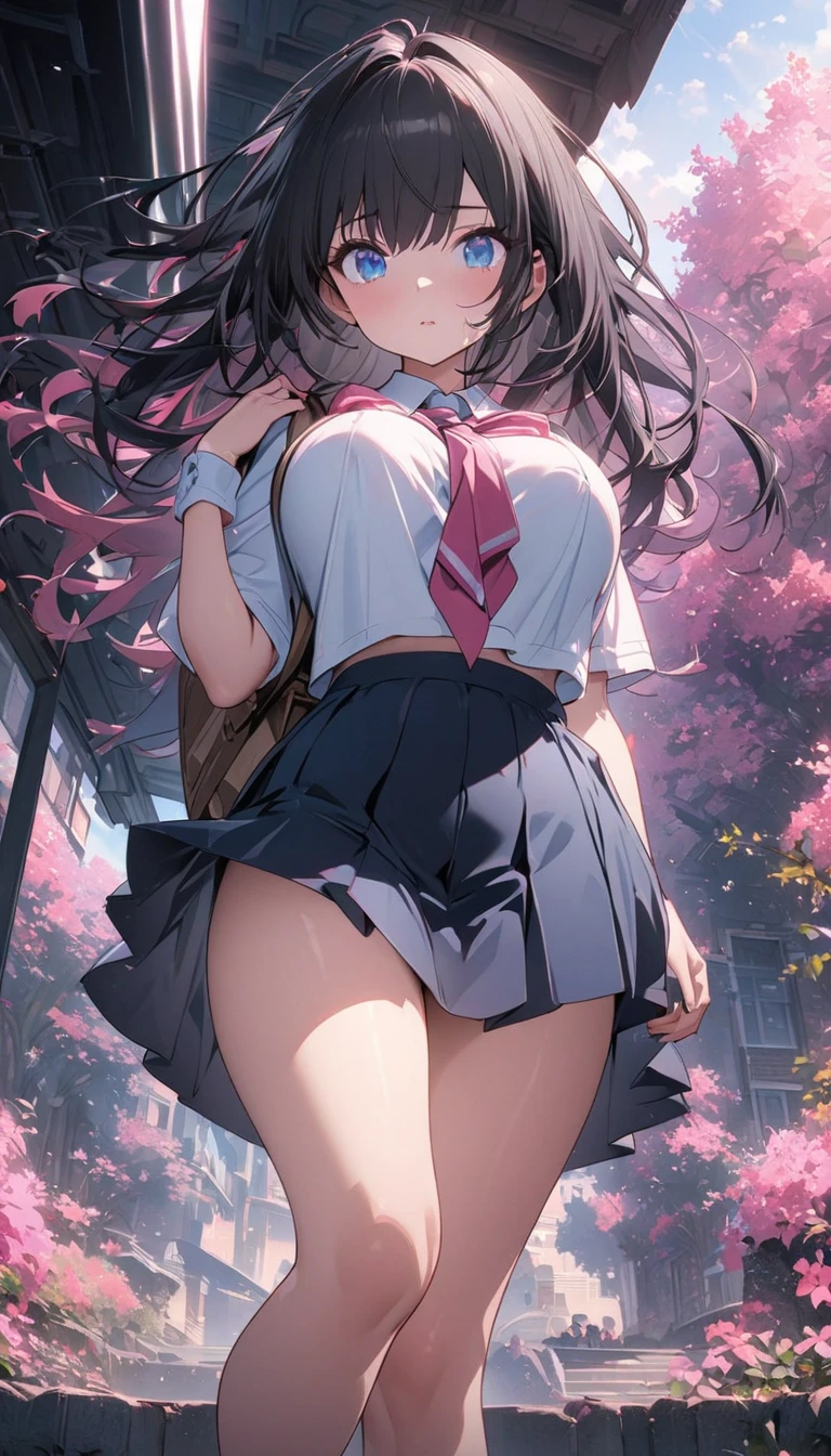 ((masutepiece, Best Quality, hight resolution, nffsw, Perfect Pixel, 4K, nffsw, nffsw))), 1girl in, Single, Solo, Beautie、full body seen、 ((Middle Wave Hair, Bangs, Purple hair)), ((verd s eyes, Beautiful eyelashes, Realistic eyes)), ((Detailed face, Blushing:1.2)), ((Smooth texture:0.75, Realistic texture:0.65, Photorealistic:1.1, Anime CG style)), huge-breasted,big butts、thick thighs、 Dynamic Angle, Perfect body, ((red bowtie, School uniform, , White shirt, Black skirt, plaid skirts)), City staircase、Looking up from the bottom of the stairs、very embarrassing panic、(The wind blew up my skirt, expose my panties......................、light blue pantie)、