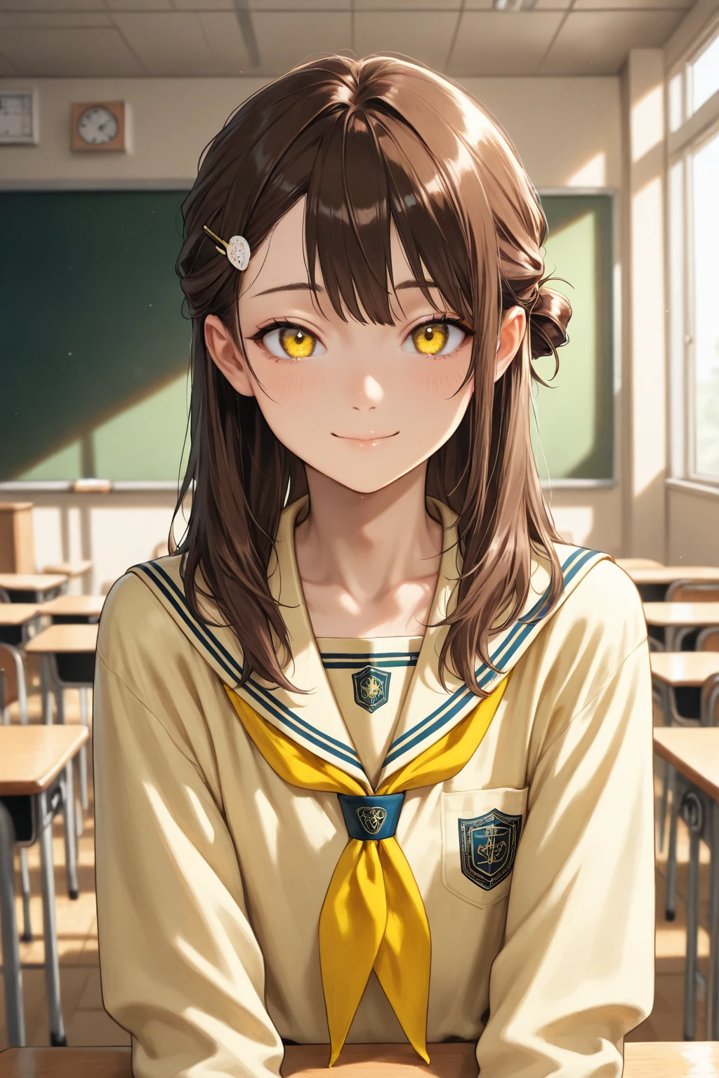 Follow Us, Yuki mandarin orange, (Brown eyes:1.5), Brown Hair, hair ornaments, hair Scrunchie, Long Hair, pink Scrunchie, Scrunchie, (Flat Chest:1.2),happy smile, smile, Open your mouth,
壊す green skirt, Plaid, Plaid skirt, Sainan High , , skirt, shirt, white shirt, Sweater vest, (yellow Sweater vest:1.5),Brown loafers,Black pantyhose,Sitting in a chair,Breaking the whole body into the illustration, classroom,
壊す looking at viewer, Systemic
break (masterpiece:1.2), highest quality, High resolution, unity 8k wallpaper, (figure:0.8), (Beautiful fine details:1.6), Highly detailed face, Perfect lighting, Highly detailed CG, (Perfect hands, Perfect Anatomy),
